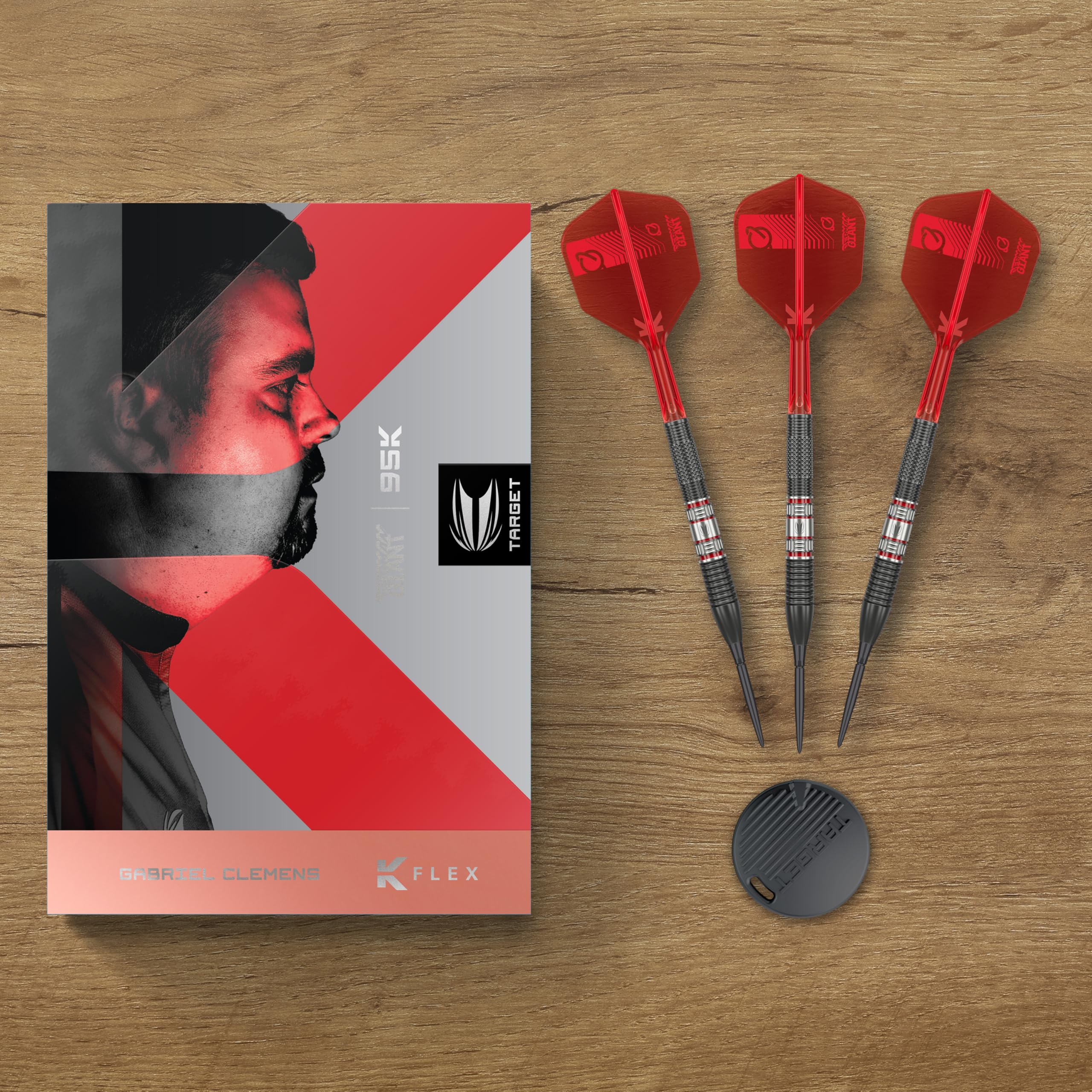 Target Darts Gabriel Clemens 95K Steel Tip Swiss Point Darts, rzutki z 95% wolframu z lotkami K-Flex, 21G/22G/23G | German Giant Clemens Darts, zestaw rzutek Swiss Points K Flex w wersji dla graczy