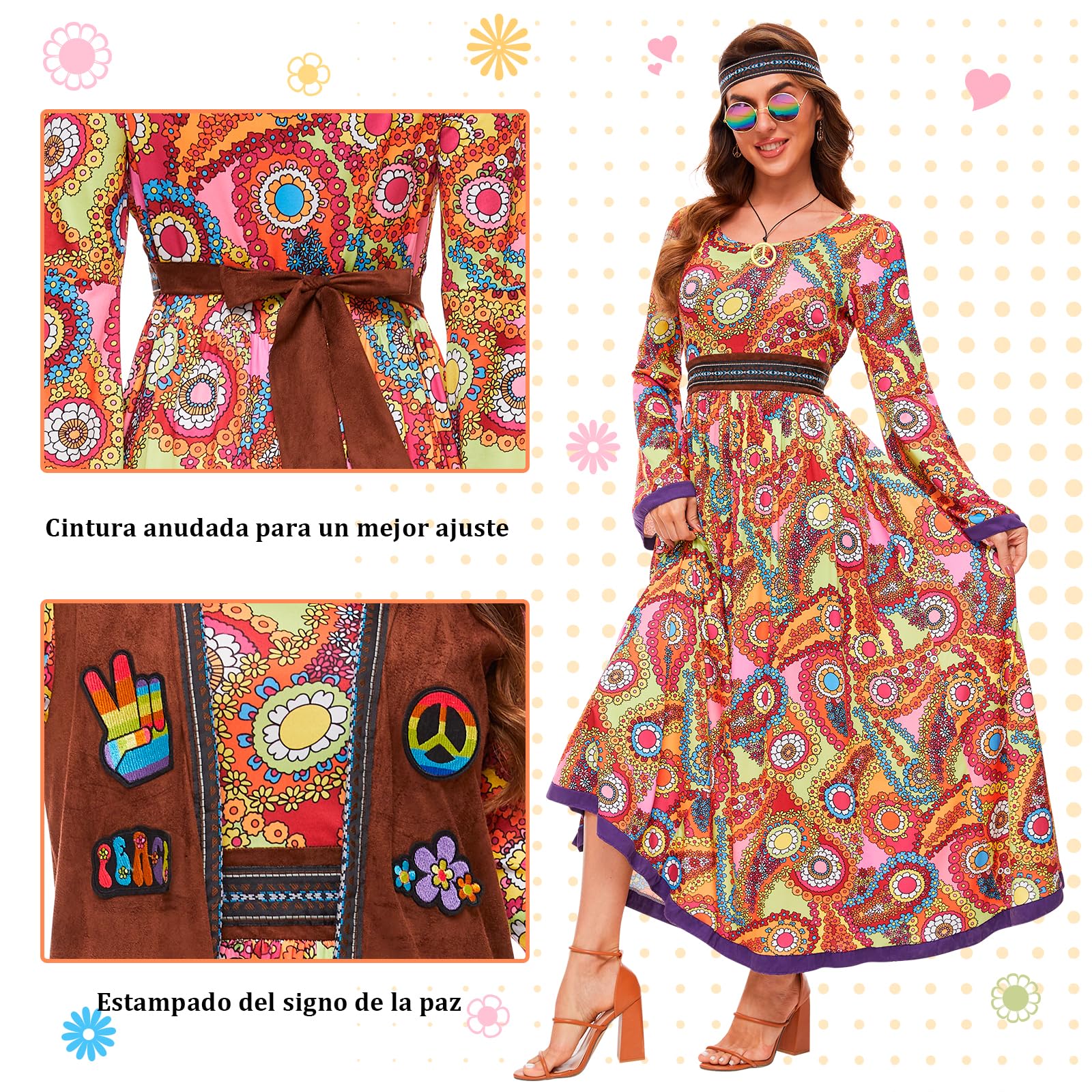 JONRRYIN Disfraz Hippie Mujer, Ropa De Los 70 Mujeres, 6 Piezas de Disfraz Hippie de los Años 60 para Mujer, Chaleco con Flecos, Pendientes, Diadema, Collar, Gafas de Sol