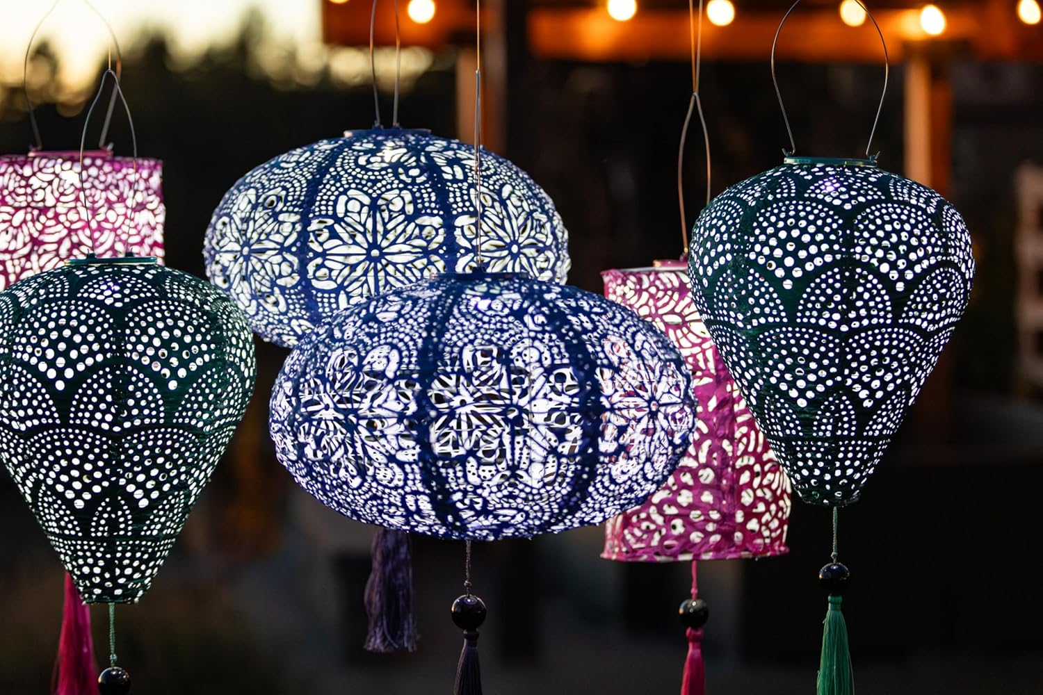 Allsop Soji Stella Tassel Solar Lantern, 7.25" LED Outdoor Light, Weather-Resistant UV Treated Fabric, Stainless Steel Hardware, Auto Sensor on/Off, for Patio, Deck, Garden (Cylinder - Raspberry)