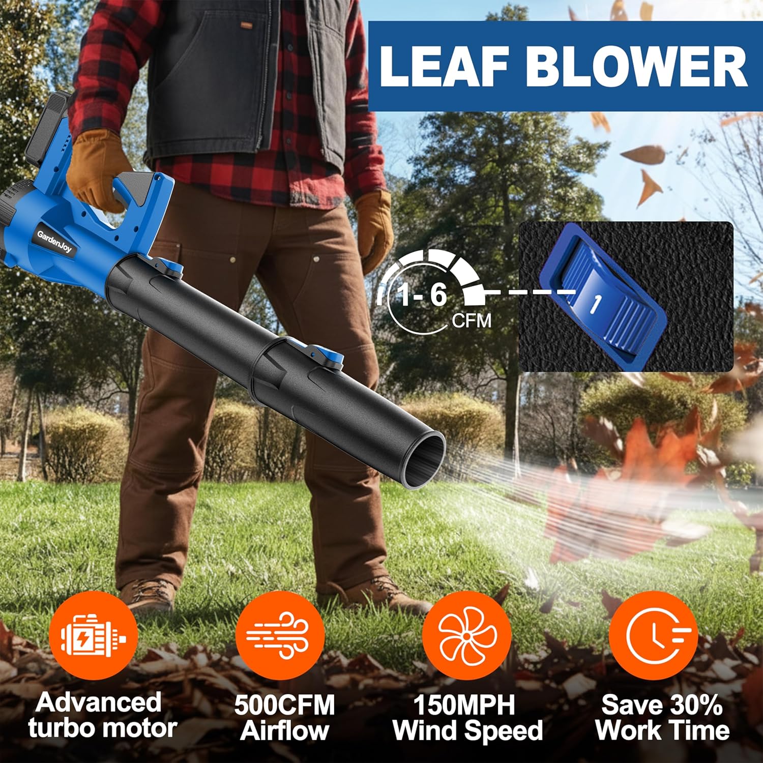 Leaf Blower Cordless, 21V 500CFM 150MPH Powerful Electric Leaf Blower with 2x3.0Ah Batteries & Charger, 6 Speed Modes Lightweight Handheld Blower for Lawn Care, Leaves, Dust, Car Cleaning, Blue