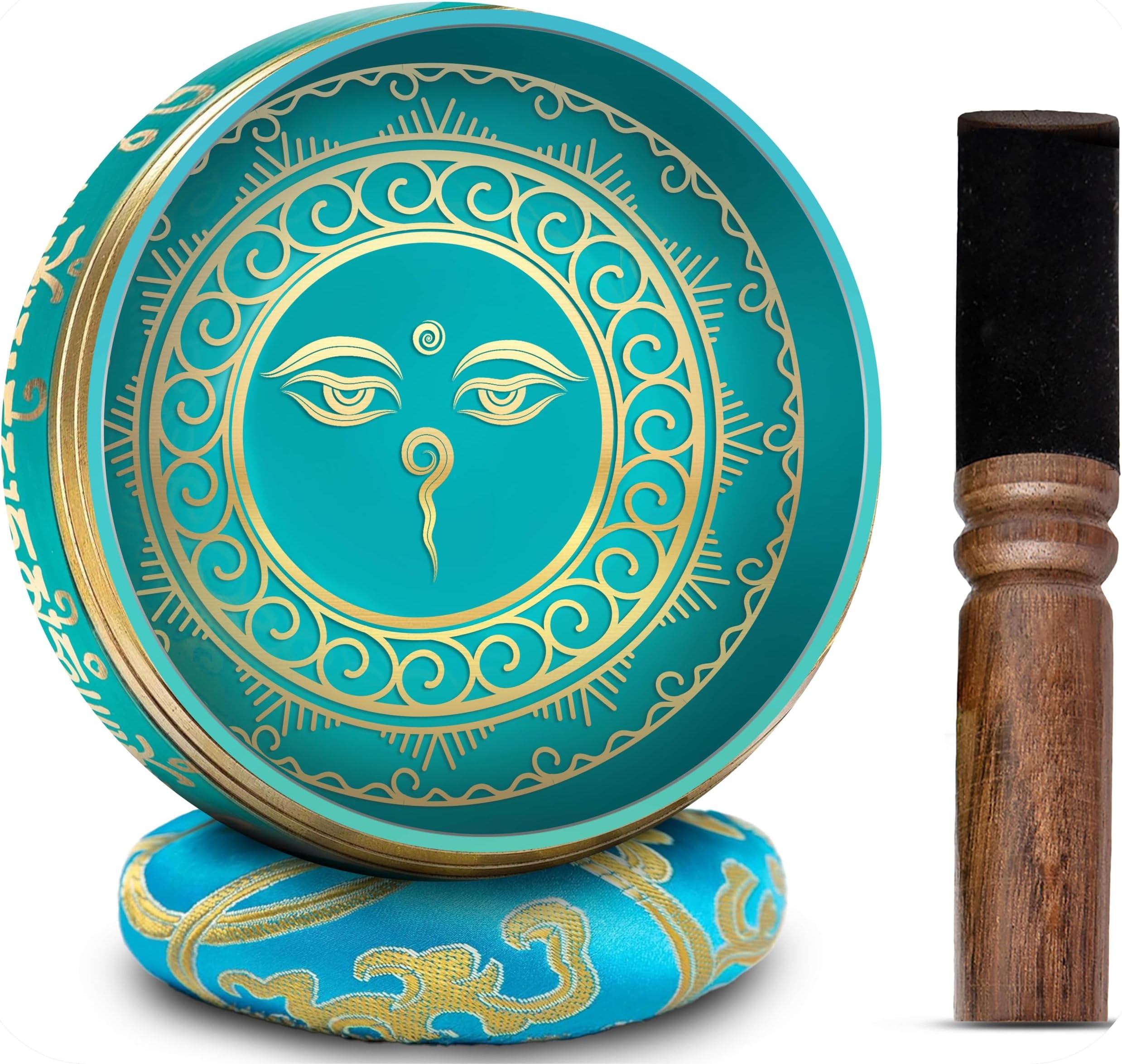 Tibetan Singing Bowl Set - 4" Easy To Play Authentic Handmade For Meditation Sound 7 Chakra Healing By HIMALAYAN BAZAAR (Turquoise Blue, 4")