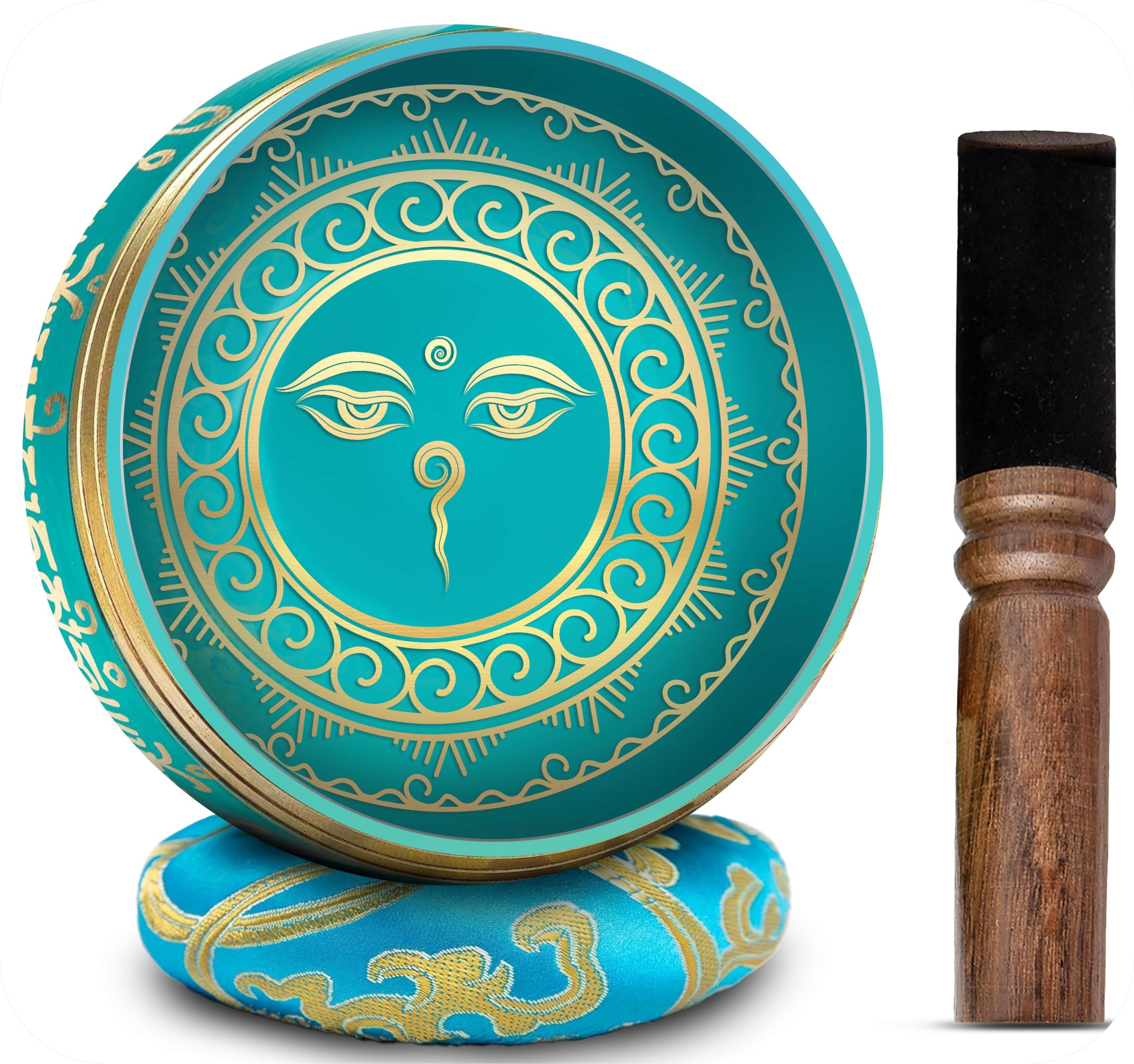 Tibetan Singing Bowl Set - 4" Easy To Play Authentic Handmade For Meditation Sound 7 Chakra Healing By HIMALAYAN BAZAAR (Turquoise Blue, 4")