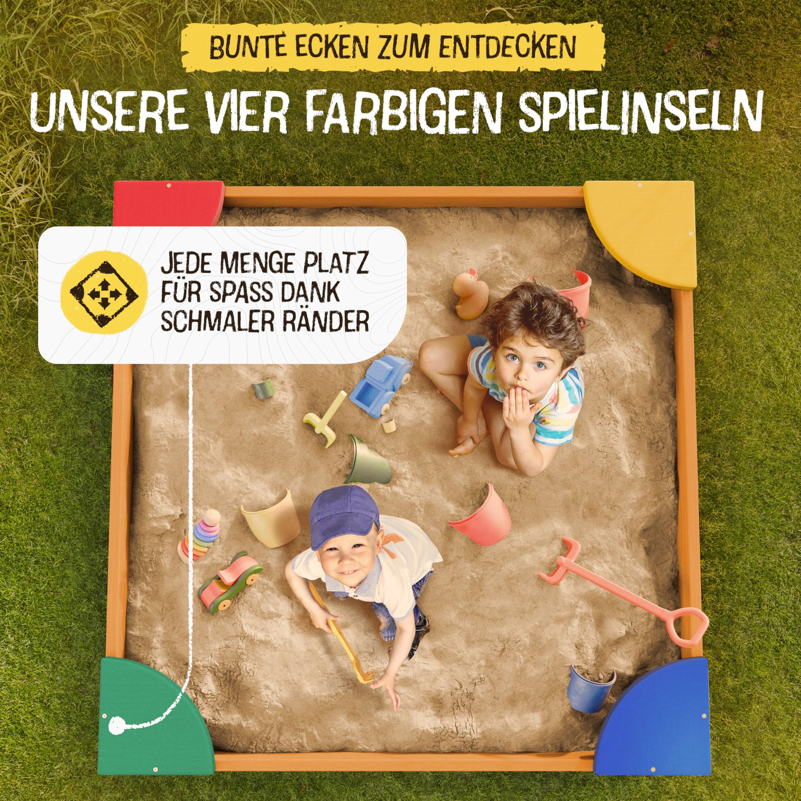 FRIEDO – Sandkasten mit Abdeckung 120x120 cm - Sandbox inkl. Bodenvlies zum Schutz vor Unkraut und Ungeziefer - Buddelkasten mit farbigen Ecken für den Garten - Sandkiste aus Holz mit Abdeckplane