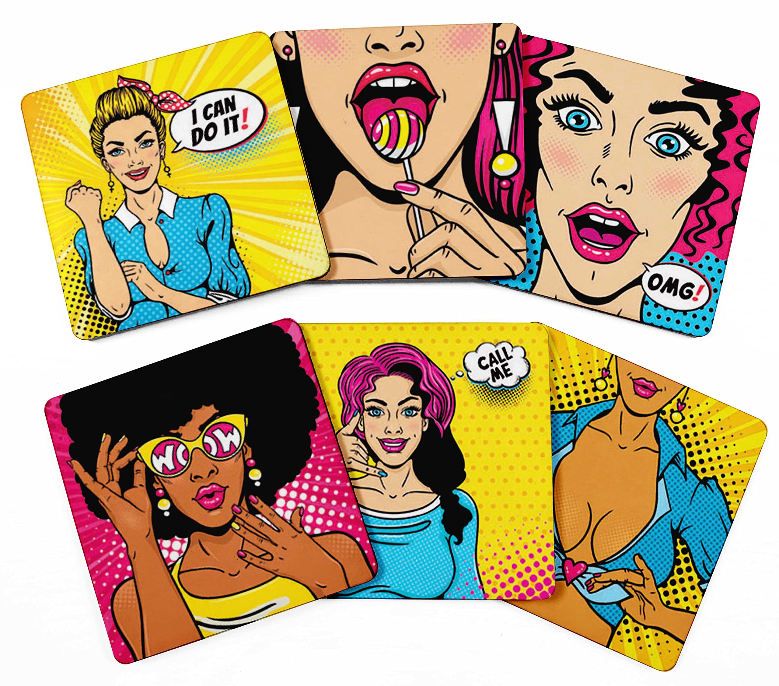 Set of 6 Drink Coasters Decorative Non Slip Cork Base 4-inch Square Printed Coasters Easy Clean- Pop Art