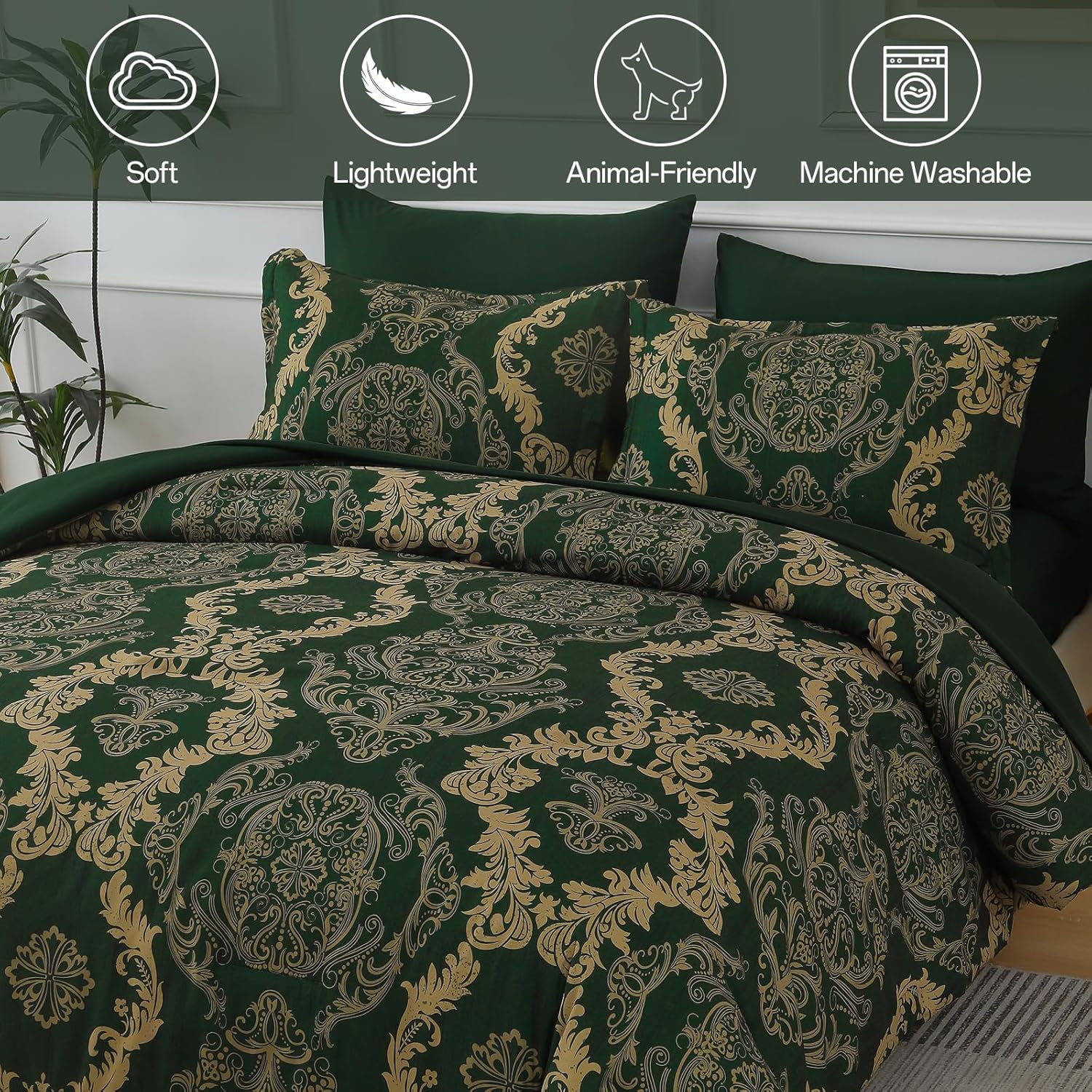 WONGS BEDDING Green Damask King Size Comforter Set, 7 Piece Texture Microfiber Comforter Bedding Set for All Season, Bed in a Bag with Comforter, Flat Sheet, Fitted Sheet, Pillowcases & Shams - Image 4