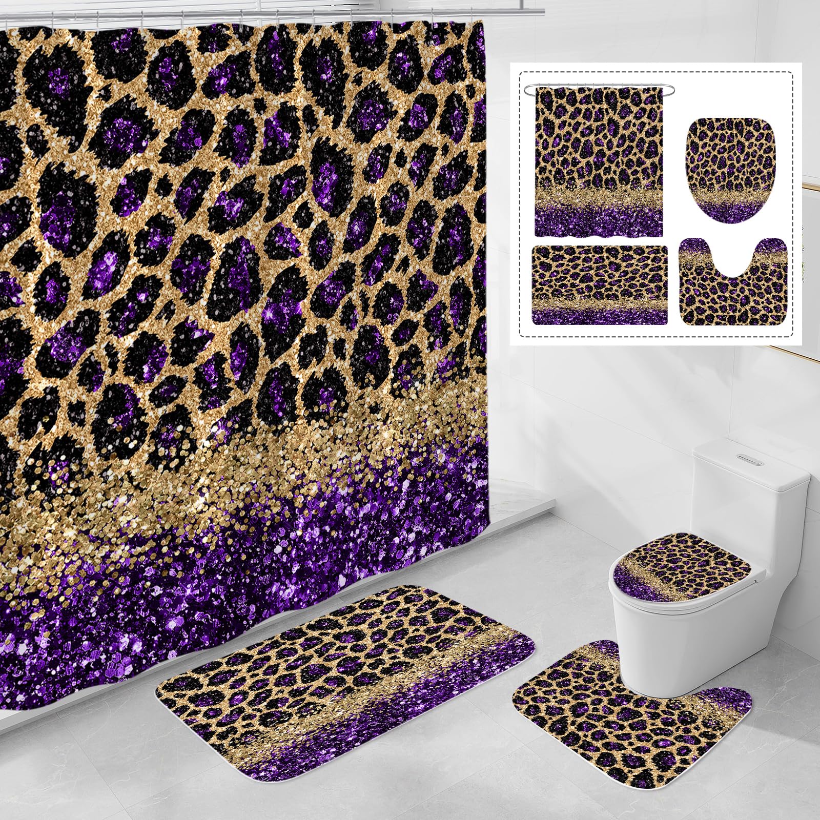Litabel 4 Pcs Purple Leopard Print Shower Curtain Set with Non-Slip Rugs, Toilet Lid Cover and Bath Mat, Wild Animal Skin Bathroom Decor Set with