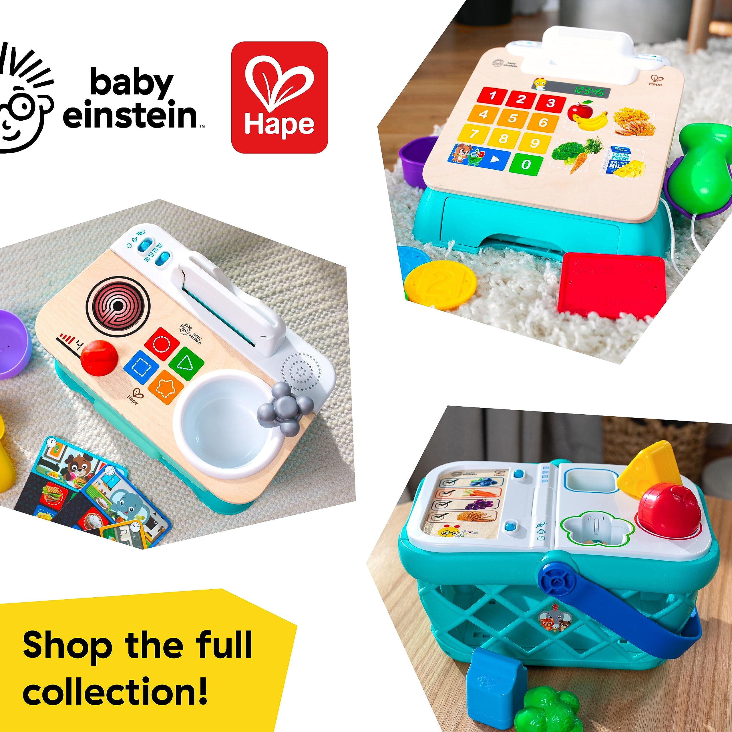 Baby Einstein + Hape Magic Touch Cash Register Pretend to Check Out Toy, z prawdziwymi dźwiękami i muzyką, dla dzieci w wieku od 9 miesięcy