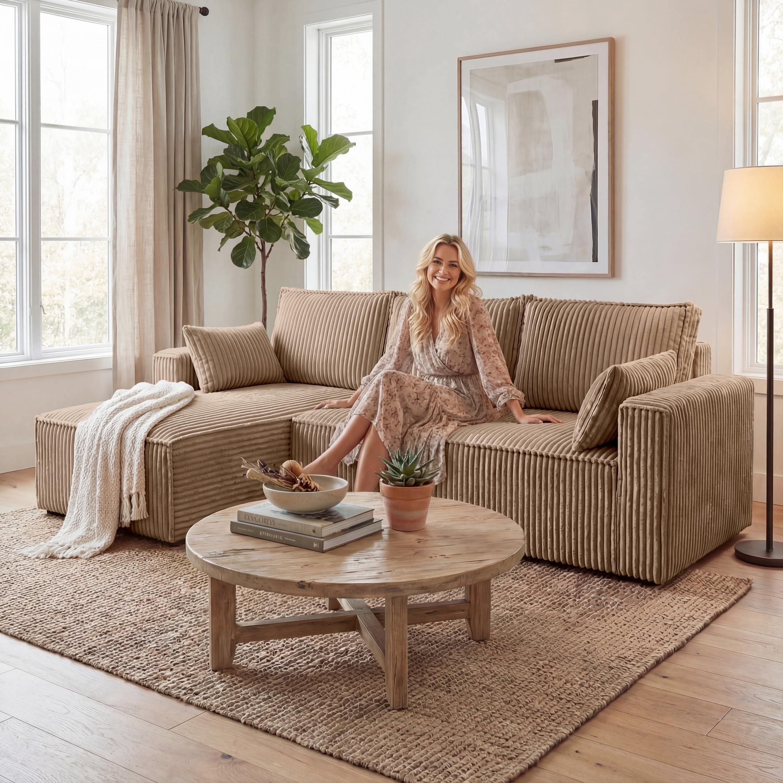 BROMARKT Sofa mit Schlaffunktion L Form Ecksofa mit Bettkasten Hellbraun | Couch Eckcouch Schlafcouch Schlafsofa Sofabett Eckschlafsofa 235x133x85 cm 3 Sitzer Wohnlandschaft Cordstoff PILO