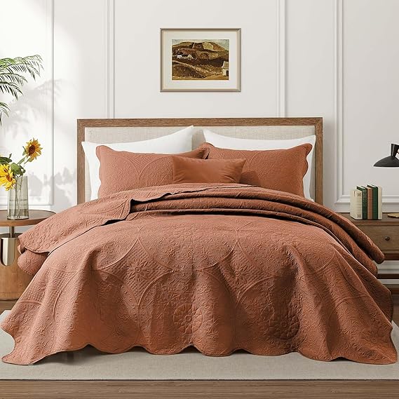 IR Imperial Rooms Twin Quilt Bedding Set Size (68” x 86”) + 1 Pillow Shams (20” x 26” + 2”) - 2 Pcs All Season Lightweight Reversible Microfiber Coverlet Floral Embossed Quilt Bedspread (Rust)
