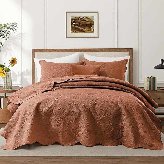 IR Imperial Rooms Twin Quilt Bedding Set Size (68” x 86”) + 1 Pillow Shams (20” x 26” + 2”) - 2 Pcs All Season Lightweight Reversible Microfiber Coverlet Floral Embossed Quilt Bedspread (Rust)