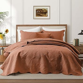 IR Imperial Rooms Twin Quilt Bedding Set Size (68” x 86”) + 1 Pillow Shams (20” x 26” + 2”) - 2 Pcs All Season Lightweight Reversible Microfiber Coverlet Floral Embossed Quilt Bedspread (Rust)