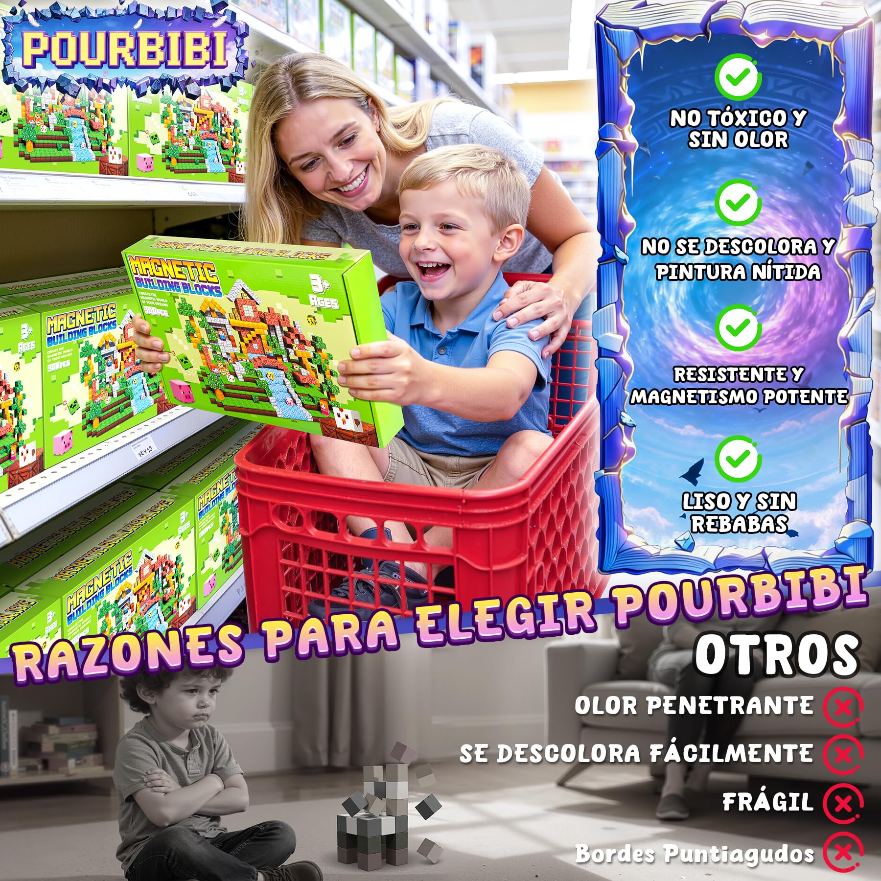 Pourbibi 𝟑𝟎𝟎 𝐏𝐢𝐞𝐳𝐚𝐬 Bloques Magneticos Construccion Niños,Magneticas Niños,Juguetes Niños 3 Años,Piezas Construcciones Magneticas,Juguete Creativo Montessori para 3-10 Años,Neumaticos Turismo