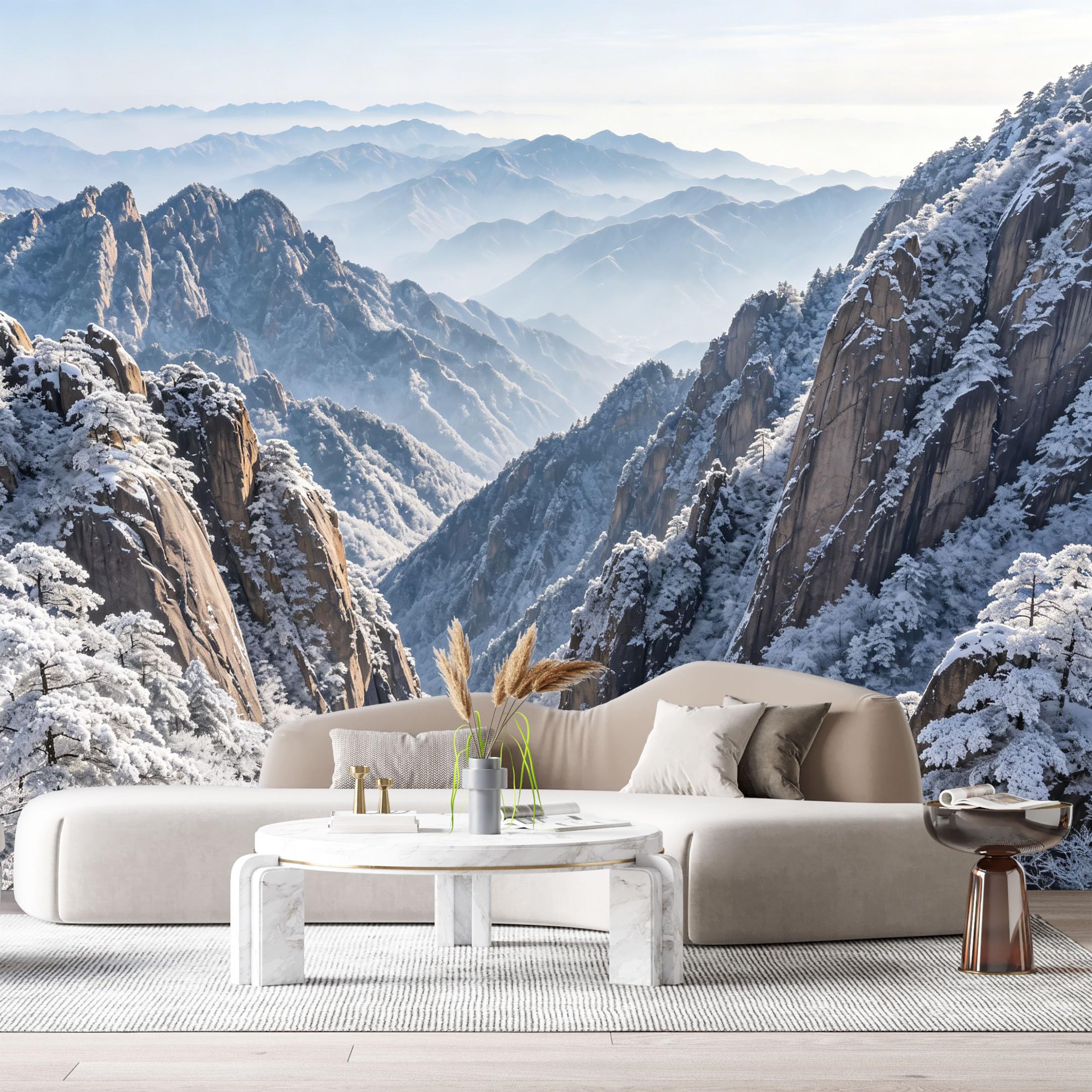 Custom Size Wall Murals Snowy Mountains Landscape Winter Forest Valleys Misty Peaks SelfAdhesive Wall Fabric Removable Large Wallpaper for Photo Living Room