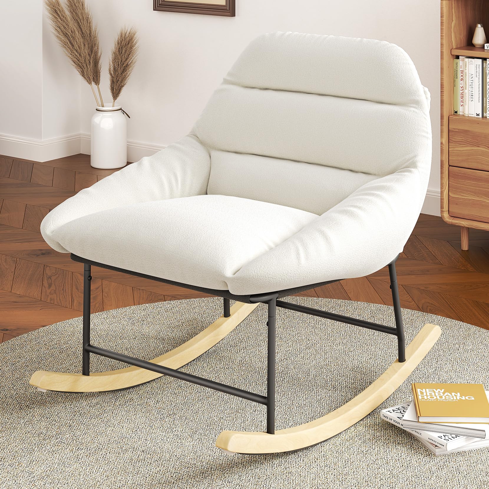 Fauteuil à bascule confortable pour chambre d'enfant, avec rembourrage en polaire Sherpa, assise profonde, assise rembourrée et accoudoirs larges, pour salon, chambre à coucher et bureau, beige