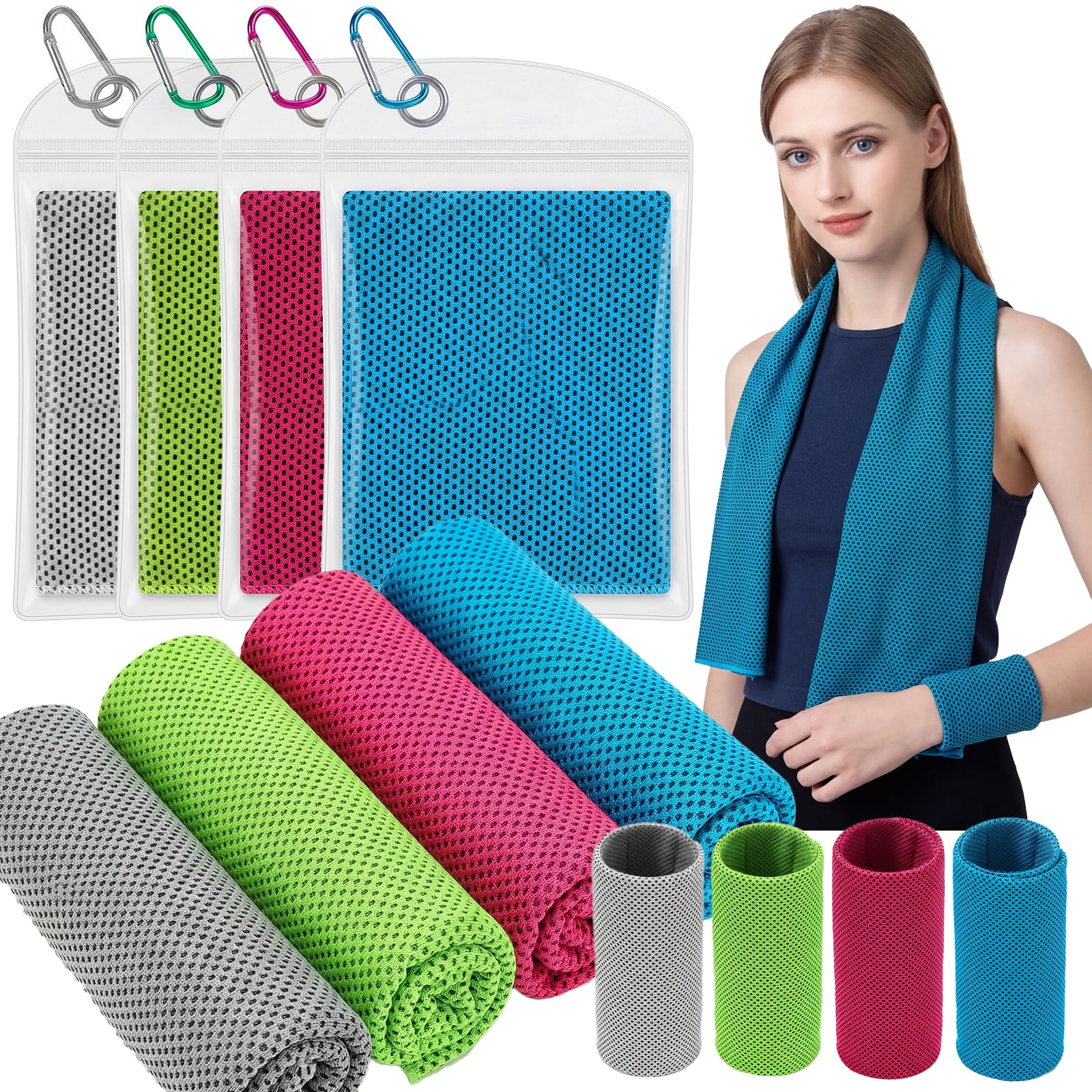 Bafeil 8 PCS Cooling Towels for Neck with Hook Bags - 4 Cool Neck Towel (30×100cm) & 4 Cooling Wristbands, Instant Ice Cold Gym Scarf for Sports, Running, Travel, Yoga, Camping & Summer Hot Weather