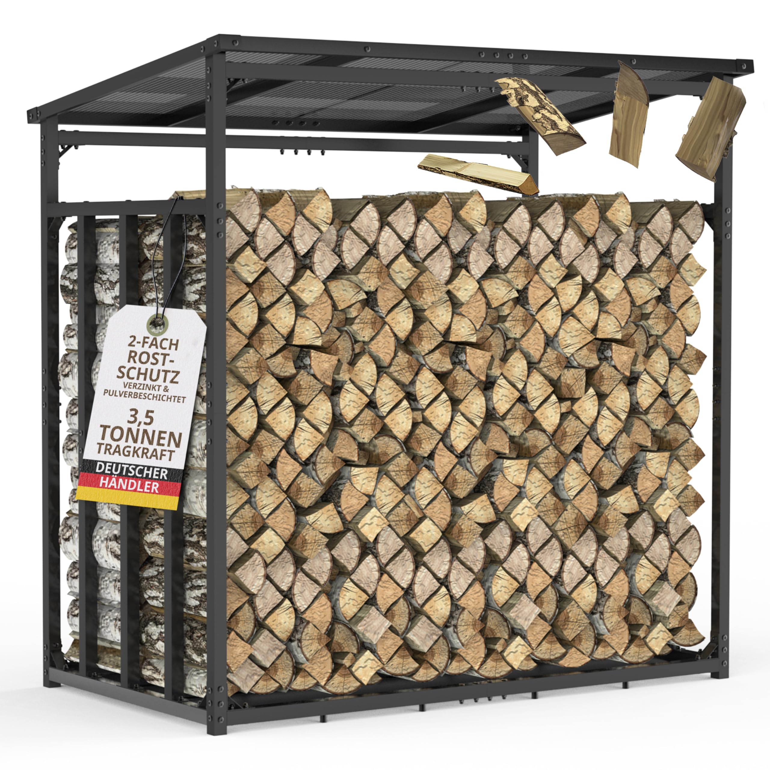 LAWA portalegna da esterno metallo 185x105x185 cm zincato 4x4cm sezione trasversale portata 3,​5t con tetto rastrelliera per legna