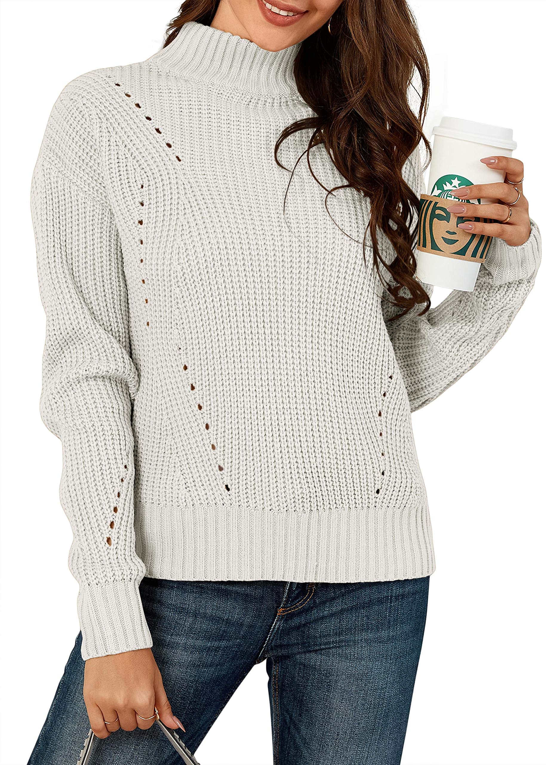 Misassy Womens Oversized Turtleneck Long Sleeve Loose Pullover Chunky Knit Sweaters Hollow Out Jumper Tops