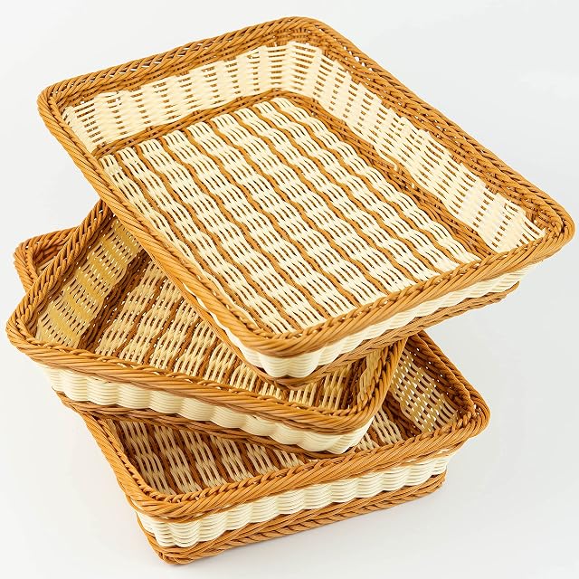 3 Packs SOLAPOLLO Poly Wicker Bread Basket,Rectangle Bread Basket,Rectangular Wicker Display Baskets for Kitchen Storage,Food Display Baskets for Tabletop (Rectangular Mixed Color)