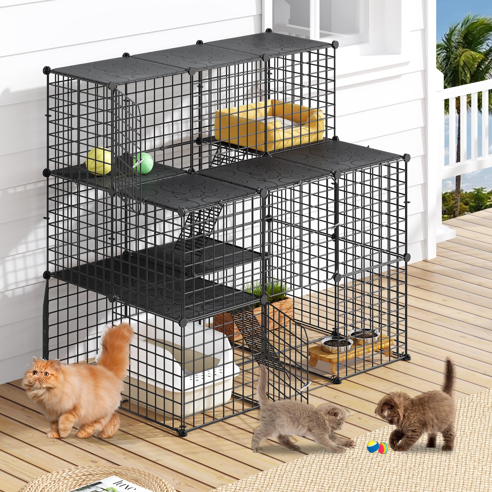 YITAHOME Outdoor Large Cat Cage Enclosure with Balcony, Detachable Indoor 3-Tier Metal Wire Kennels for 1-3 Cats, DIY Cat Kennels Crate Playpen Catio with Stairs for Outdoor Use