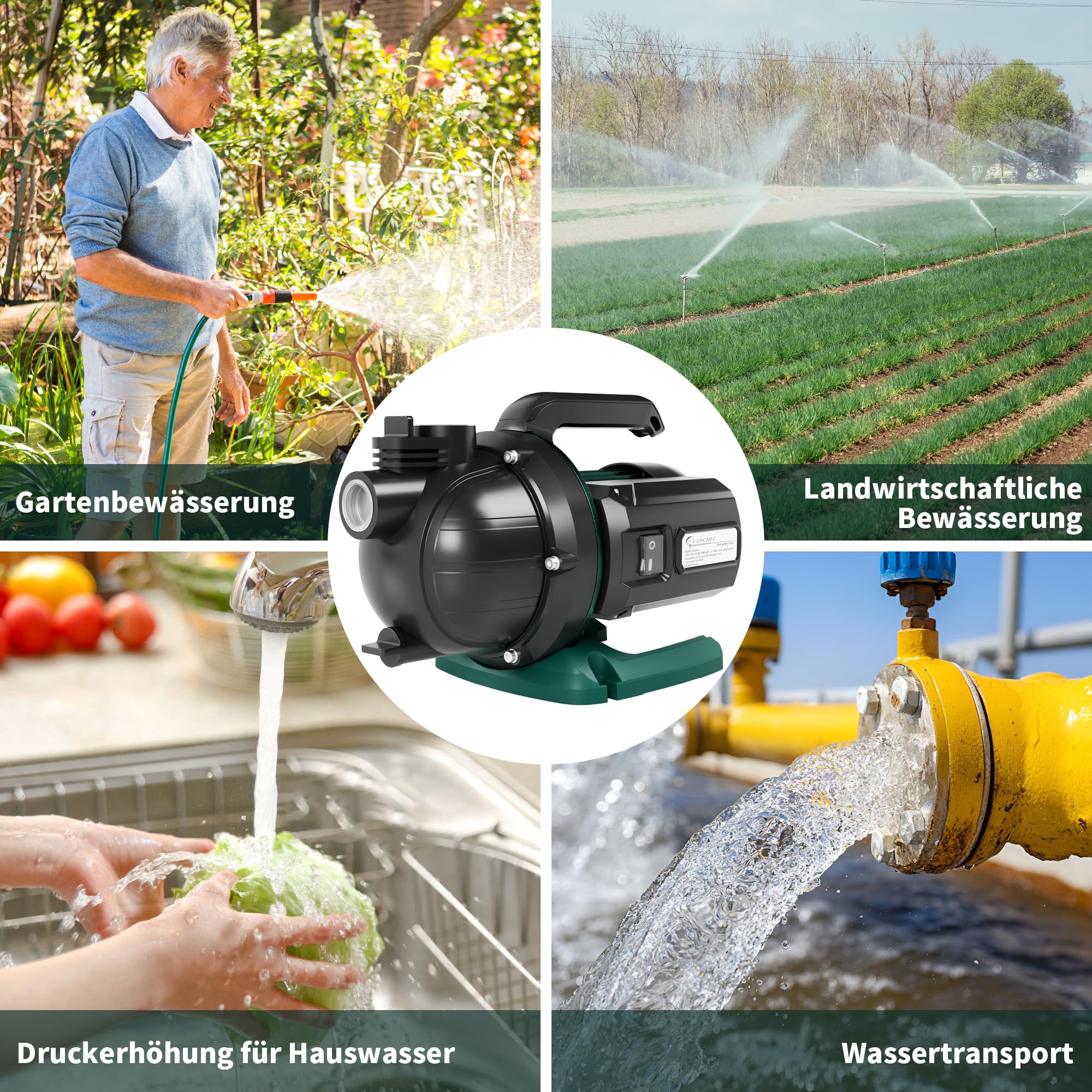 LANCHEZ Gartenpumpe 4600 l/h Fördermenge, Leistung 600 W, 36 m Förderhöhe, Ansaughöhe bis zu 8 m, Tragbarer Griff, Wasserpumpe für Regenfässer, Zisternen, Gartenteiche