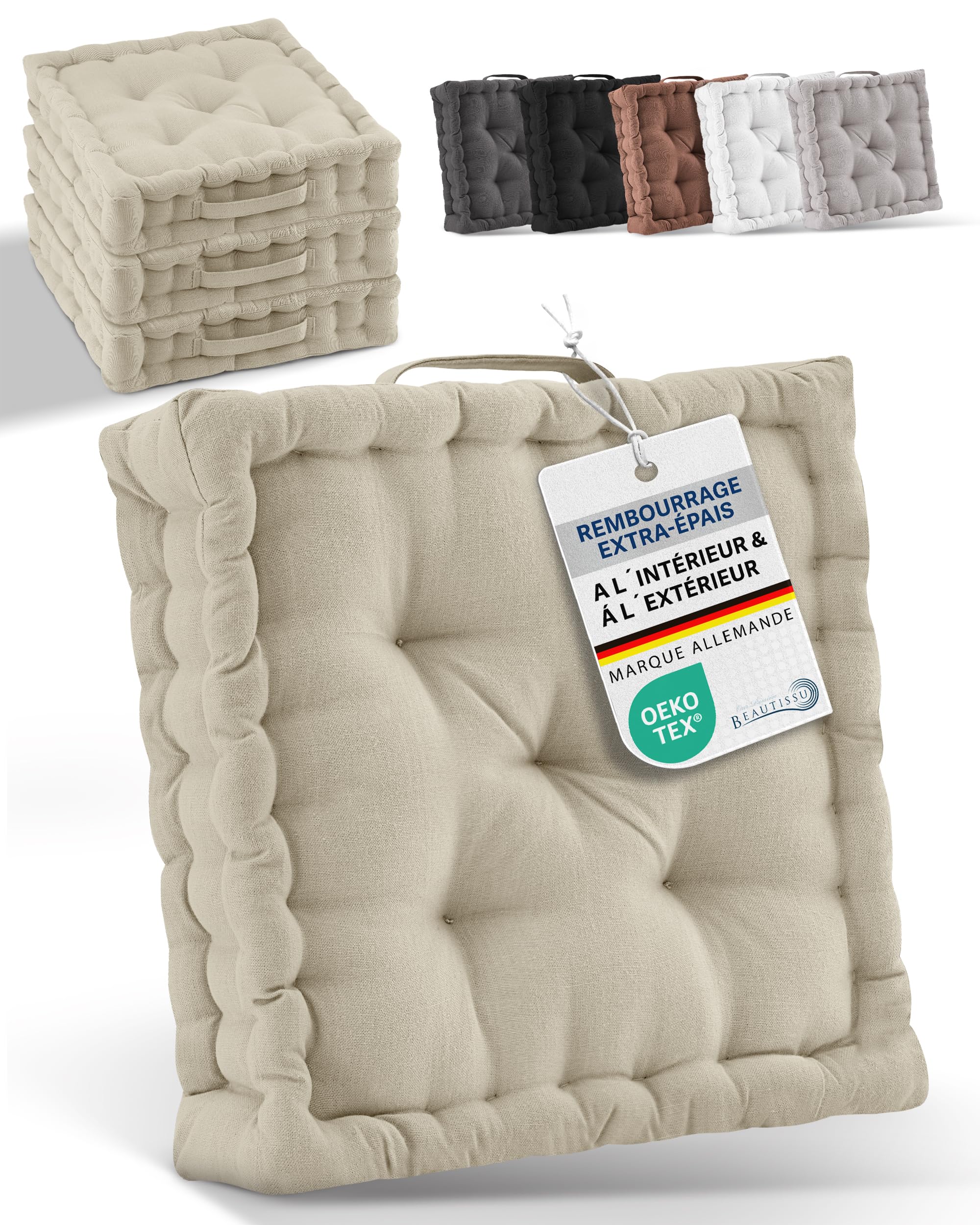 Beauitssu Set de 4 Coussins de Sol Coussin d'assise 50x50 cm - Coussin Matelas épais 10cm - 100% Coton Coussin de Chaise Intérieur & Extérieur Poignée de Transport Coussin d'assise Lin - Mila