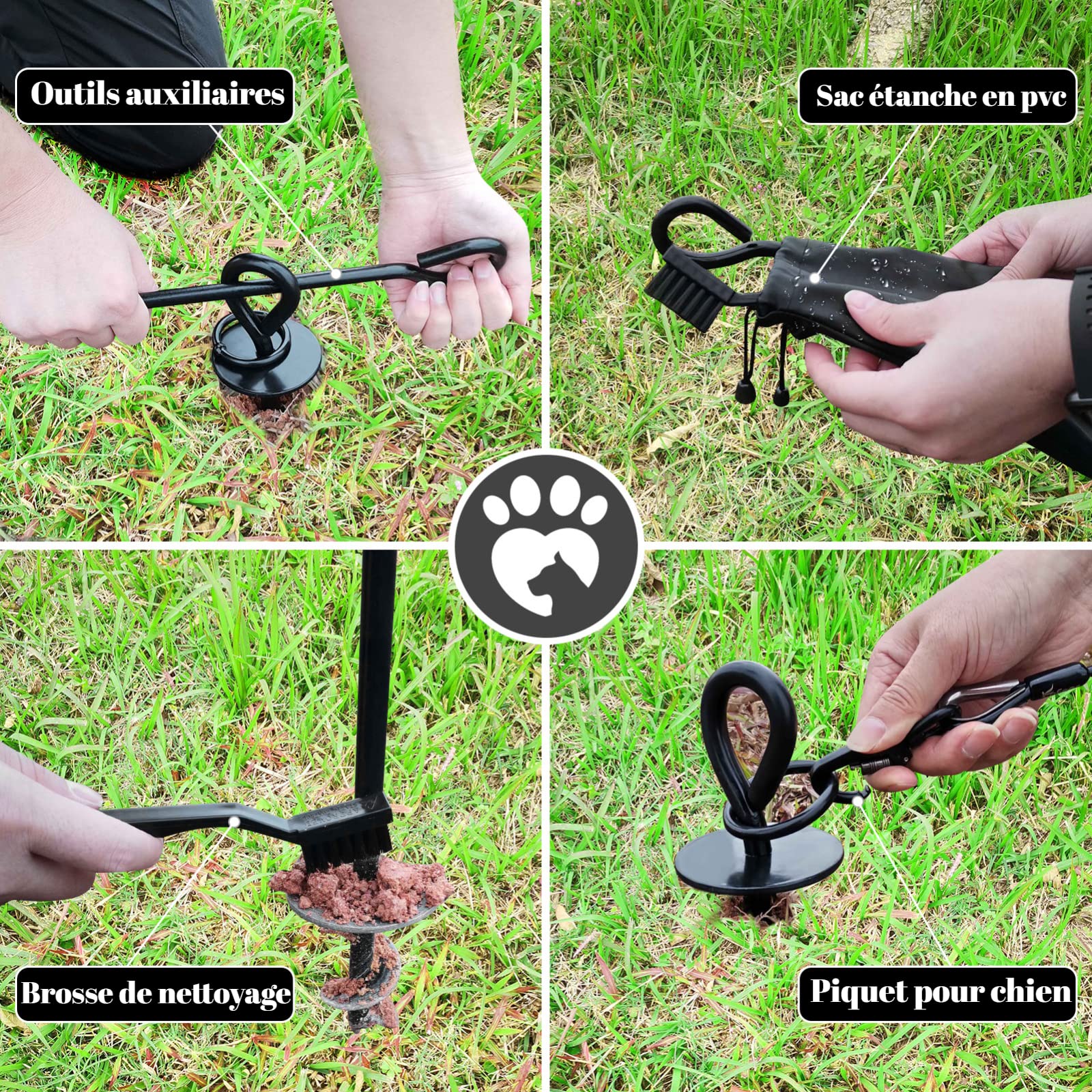 Ancre de Sol Chien pour Jardin Plage Camping, 4pcs piquets Chien avec Brosse/Sac de Rangement,Piquet Chien Cravate Chien pour Petit, Moyen ou Grand Chien
