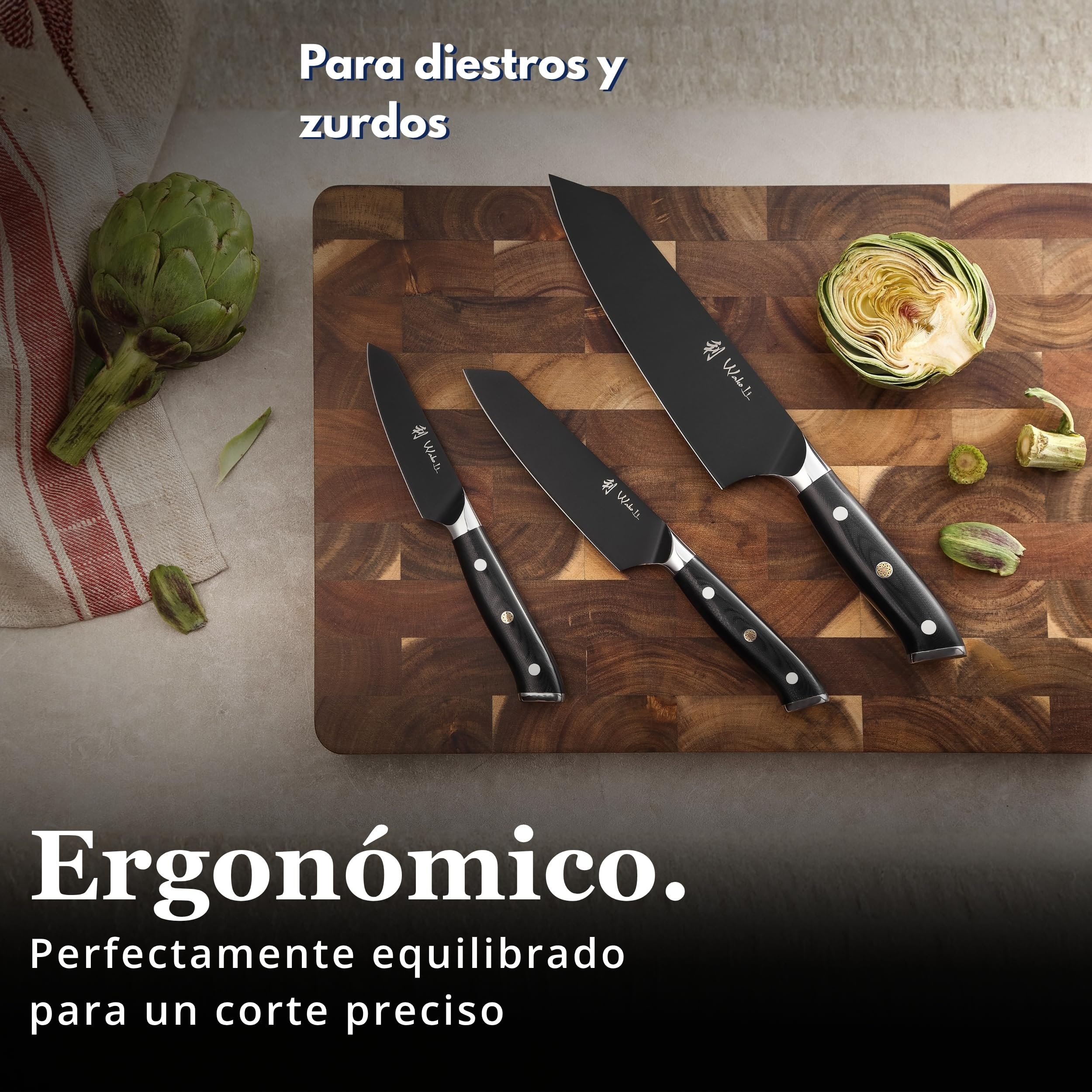 Wakoli Titanium Noir - Juego de cuchillos (3 piezas, acero inoxidable, revestimiento de titanio) | Con Kiritsuke, pequeño Kiritsuke y cuchillo de oficina, mangos G10, 55 ± 1 HRC y doble cara de 15 V en caja de madera
