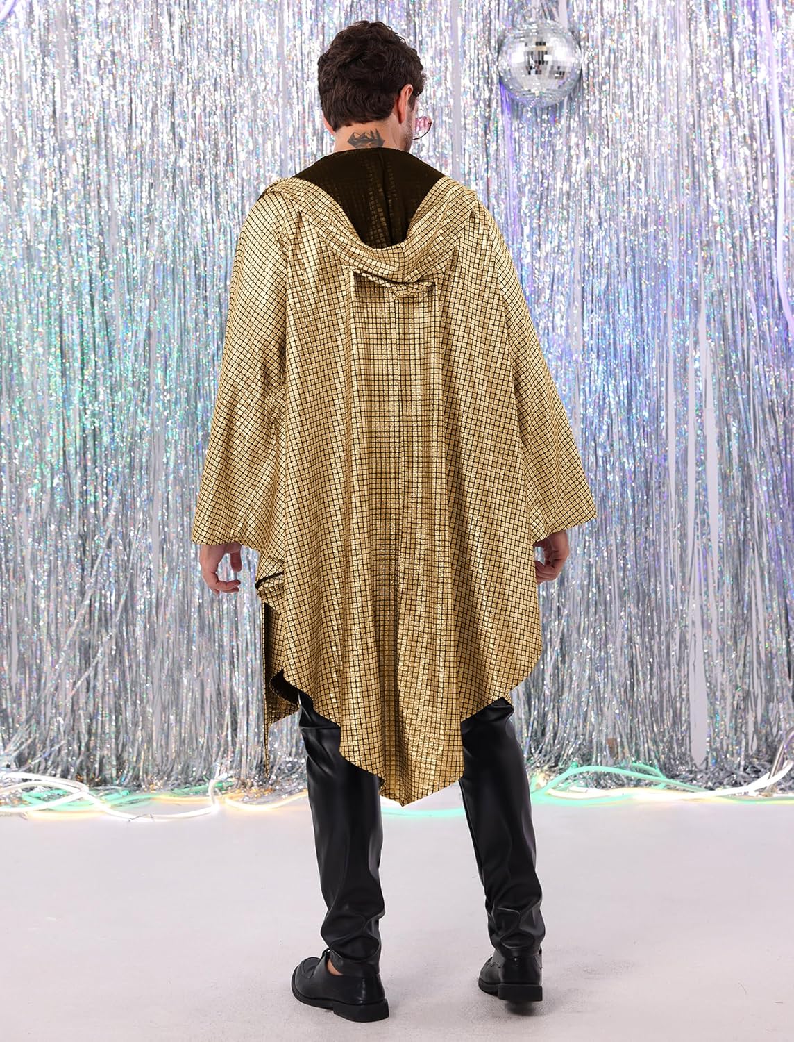 OLEMEK Men's 70s Disco Shiny Batwing Sleeve Hooded Cloak Sequins Metallic Cape Rave Party Nightclub Outerwear