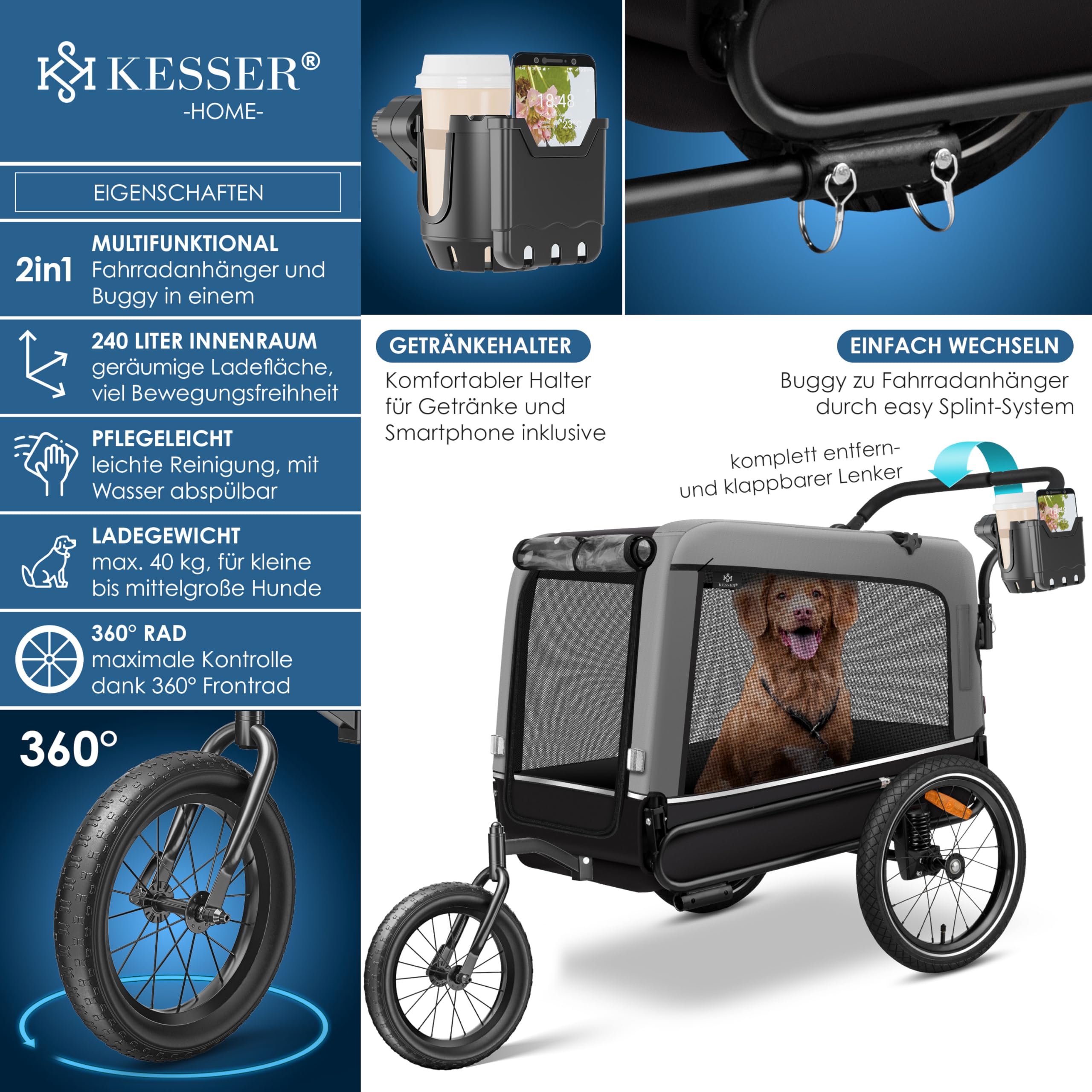 KESSER® Hundeanhänger Boxer 3-in-1 Hundebuggy & Jogger Fahrradanhänger groß ca. 240 Liter Volumen, gefedert, 360° Grad Vorderrad, 600D Oxford Canvas, SmartSpace Concept, maximale Belastbarkeit: 40 kg