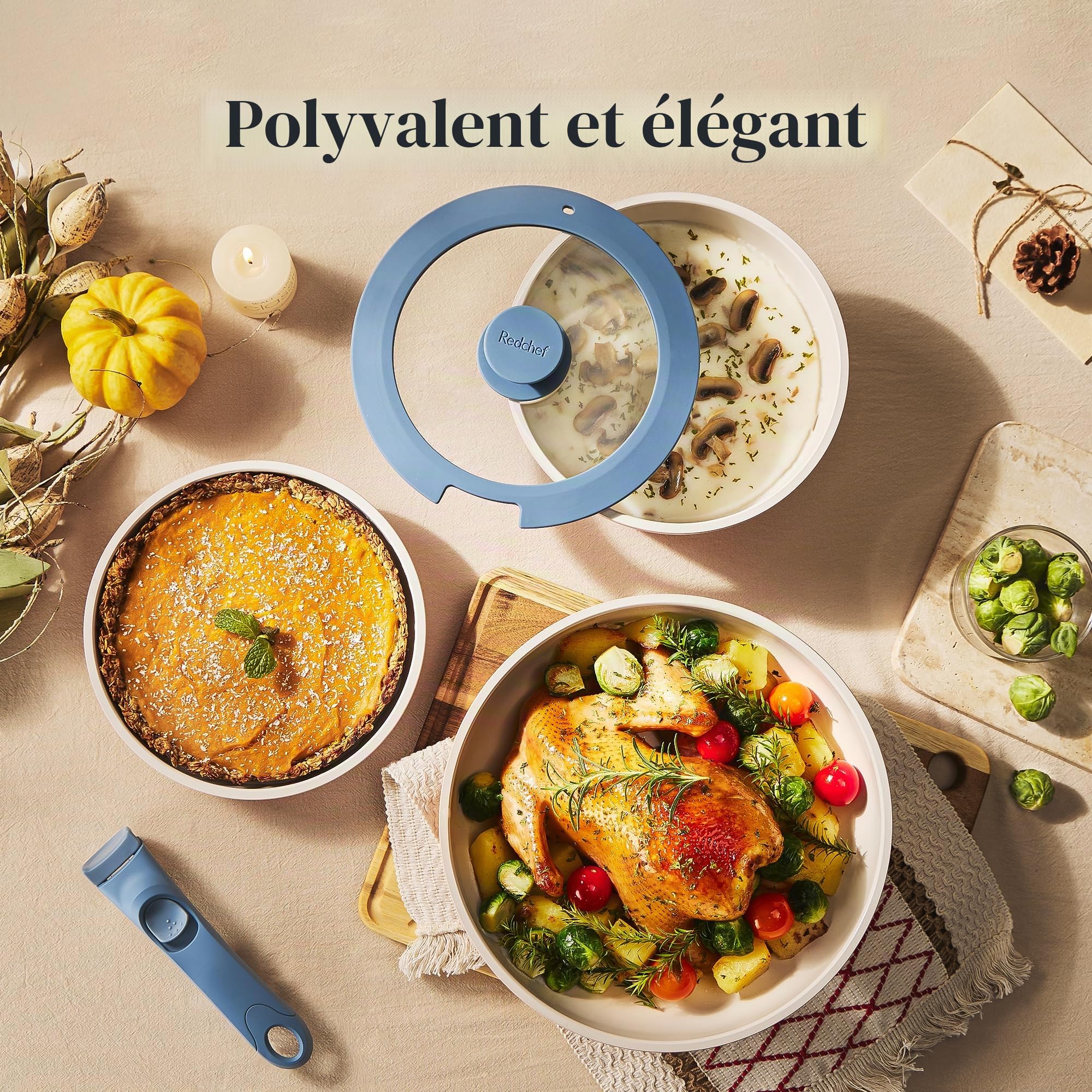 Redchef Ensemble de casseroles et poêles antiadhésives en céramique 16 pièces avec poignée amovible, batterie de cuisine non toxique, sans PFAS PFOA et PTFE, pour camping, passe au lave-vaisselle et