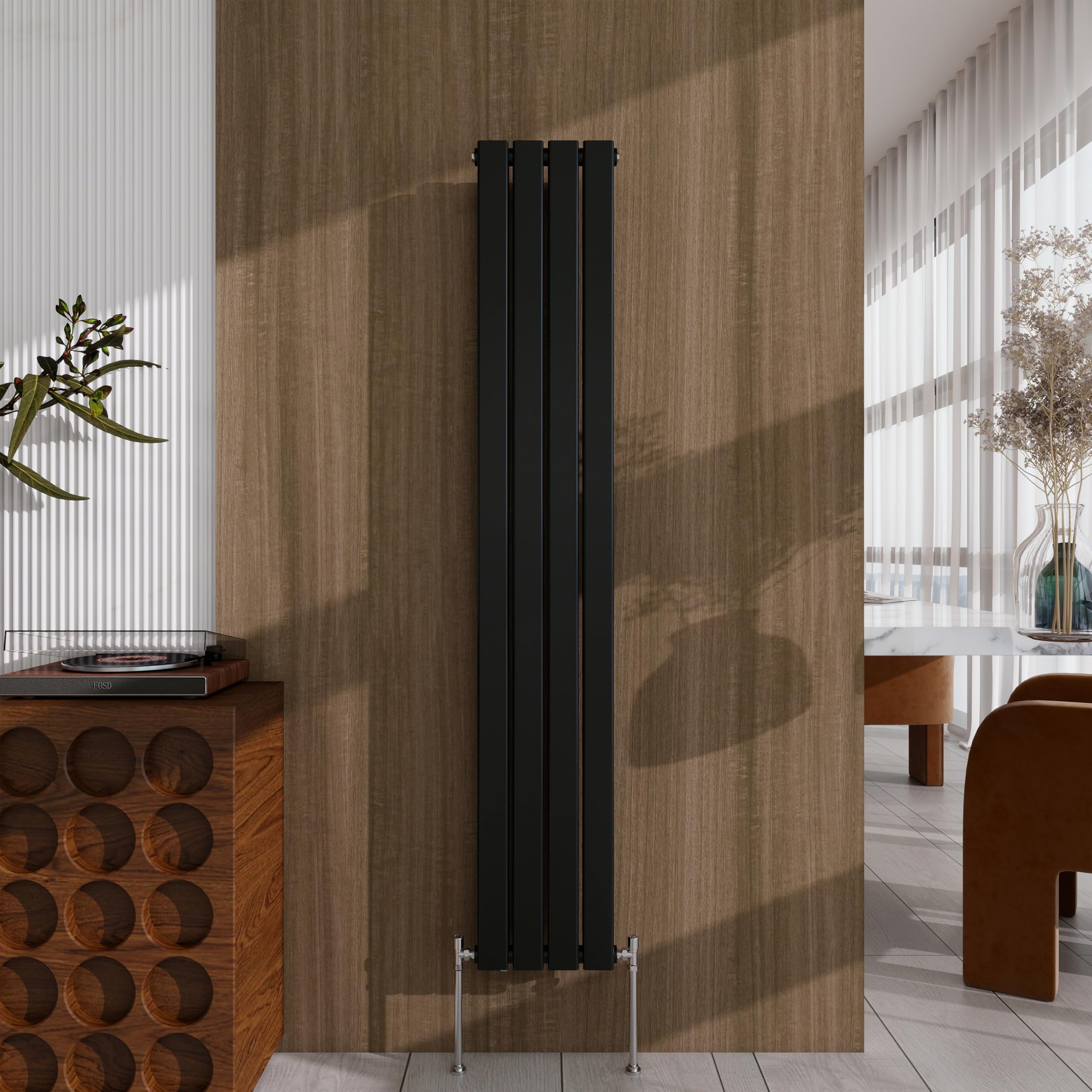 Black Vertical Designer Radiator – 1600×272mm Double Panel Flat – Modern Central Heating Bathroom Radiator