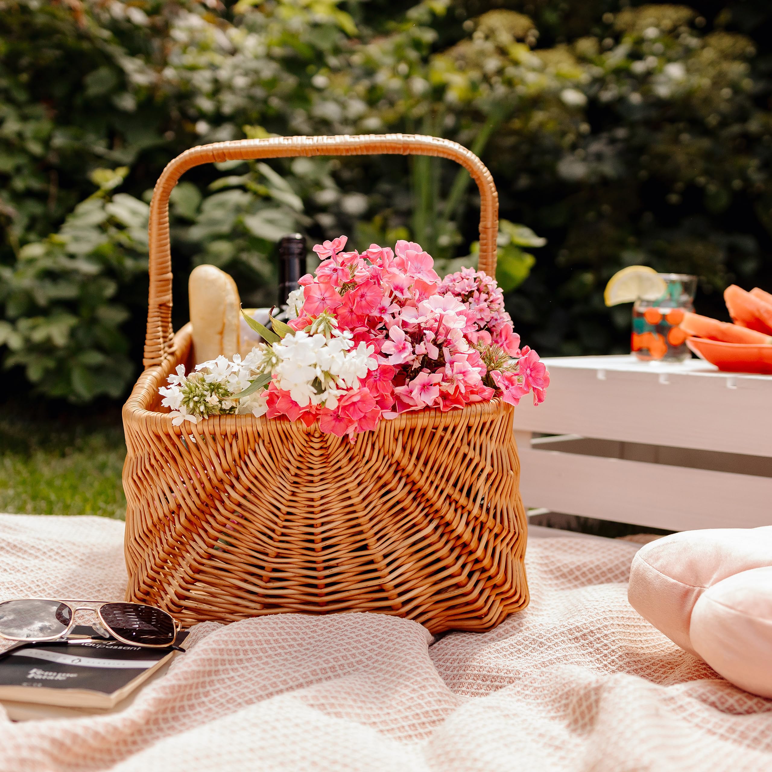 Creative Home Cesta de Mimbre Holandesa Grande con Asa | 42x32x40cm (+/- 1cm) Ligera | para Picnic Plantas Almacenaje Decoración | Tejida a Mano | Marrón Natural | Multiuso, Práctica y Duradera