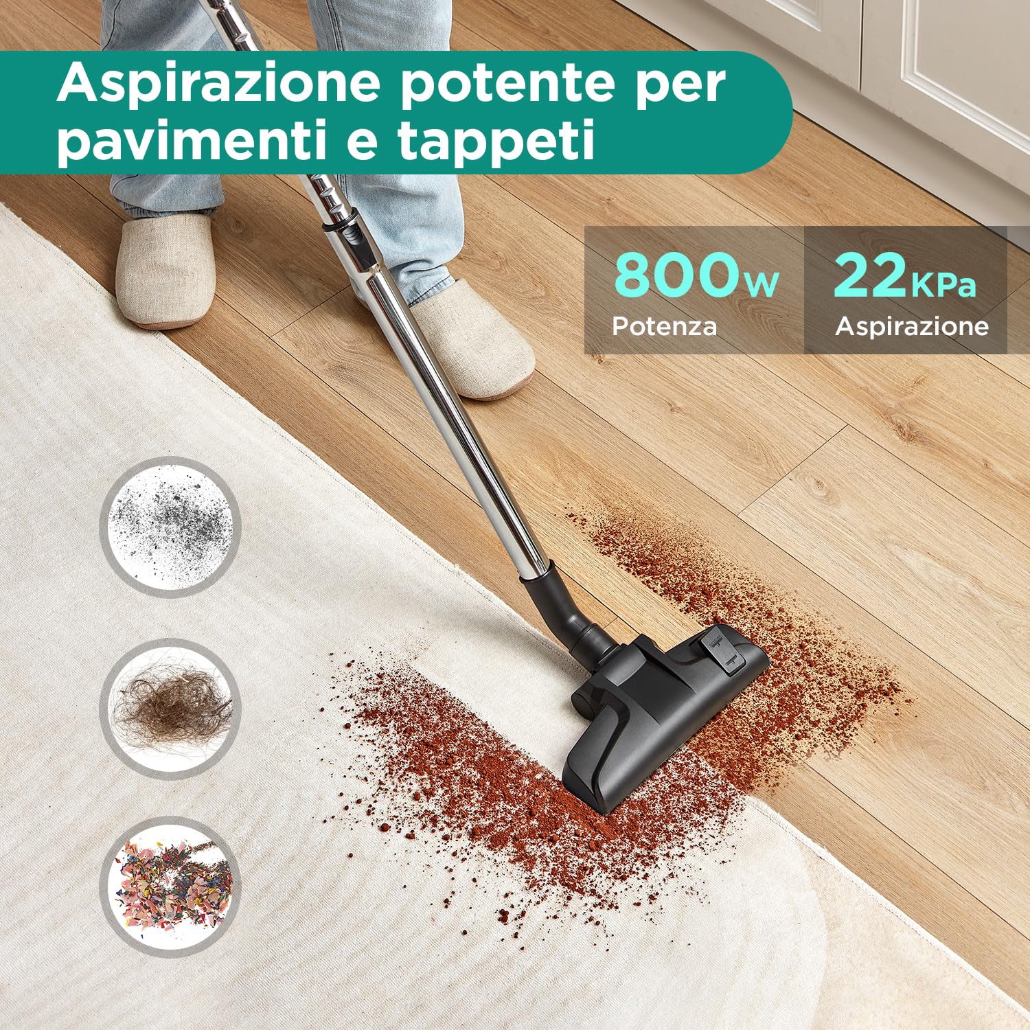Eureka Apollo Aspirapolvere Senza Sacco, Potenza 800W, Capacità 2,2L, Compatto e Leggero, Sistema Ciclonico Singolo, Ottimo per Tappeti e Pavimenti Duri, Verde