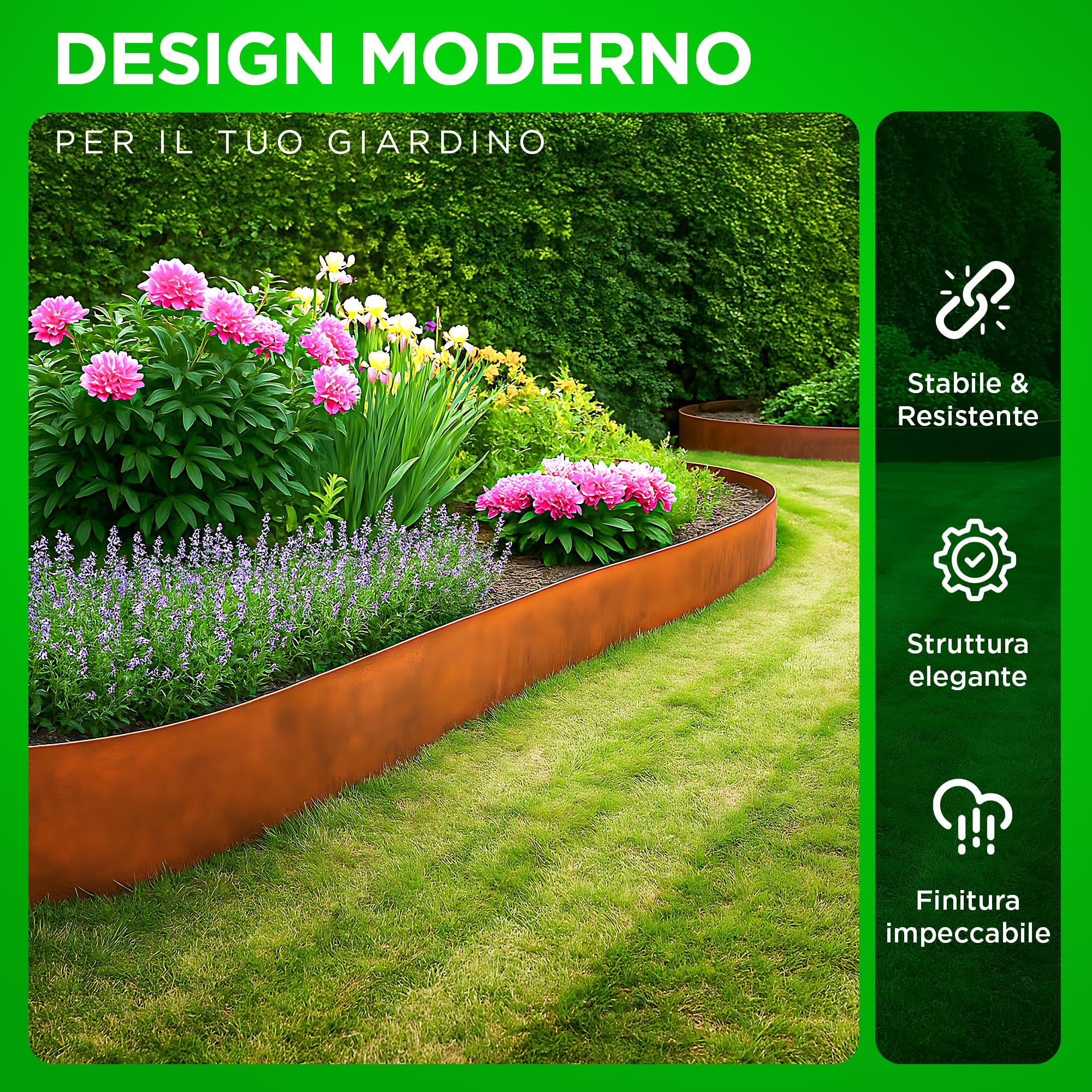 Bordura Corten per Giardino 10 Metri | Bordura per Aiuola Esterno 14 cm Altezza | Design Flessibile e Facile da Installare | Include Guanti, Blocco in Legno, Connettori ed eBook con Istruzioni