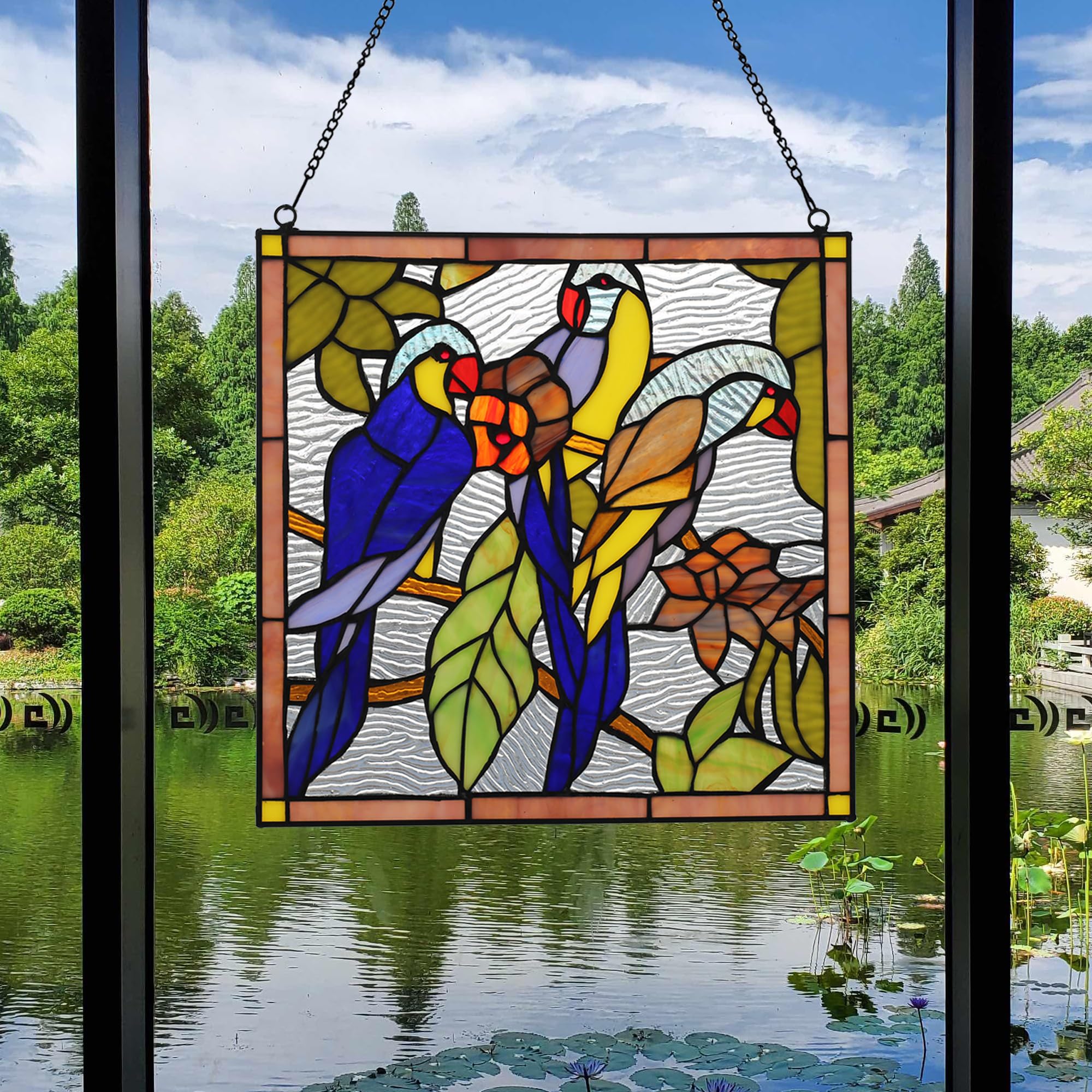 Quadratisches Buntglas-Fensterpaneel, handgefertigt, Tiffany-Stil, 30,5 cm, perfekt für Wohnzimmer, Schlafzimmer, Küche, Dekoration, Einweihungsgeschenk (Papagei)