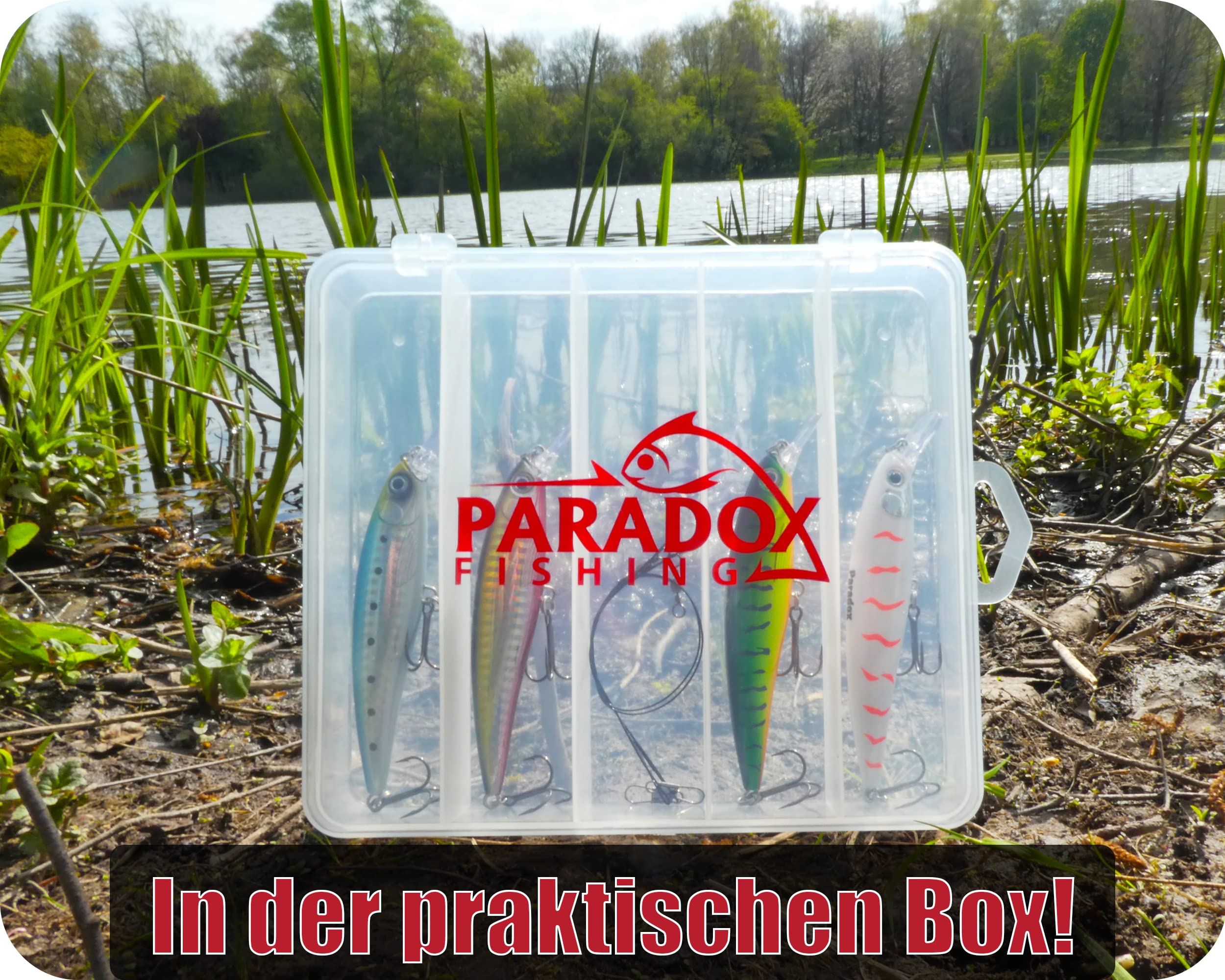 Paradox Fishing Juego de 4 señuelos de pesca de lucioperca, 13 g, 11 cm, con caja, cebo para lucioperca, perca