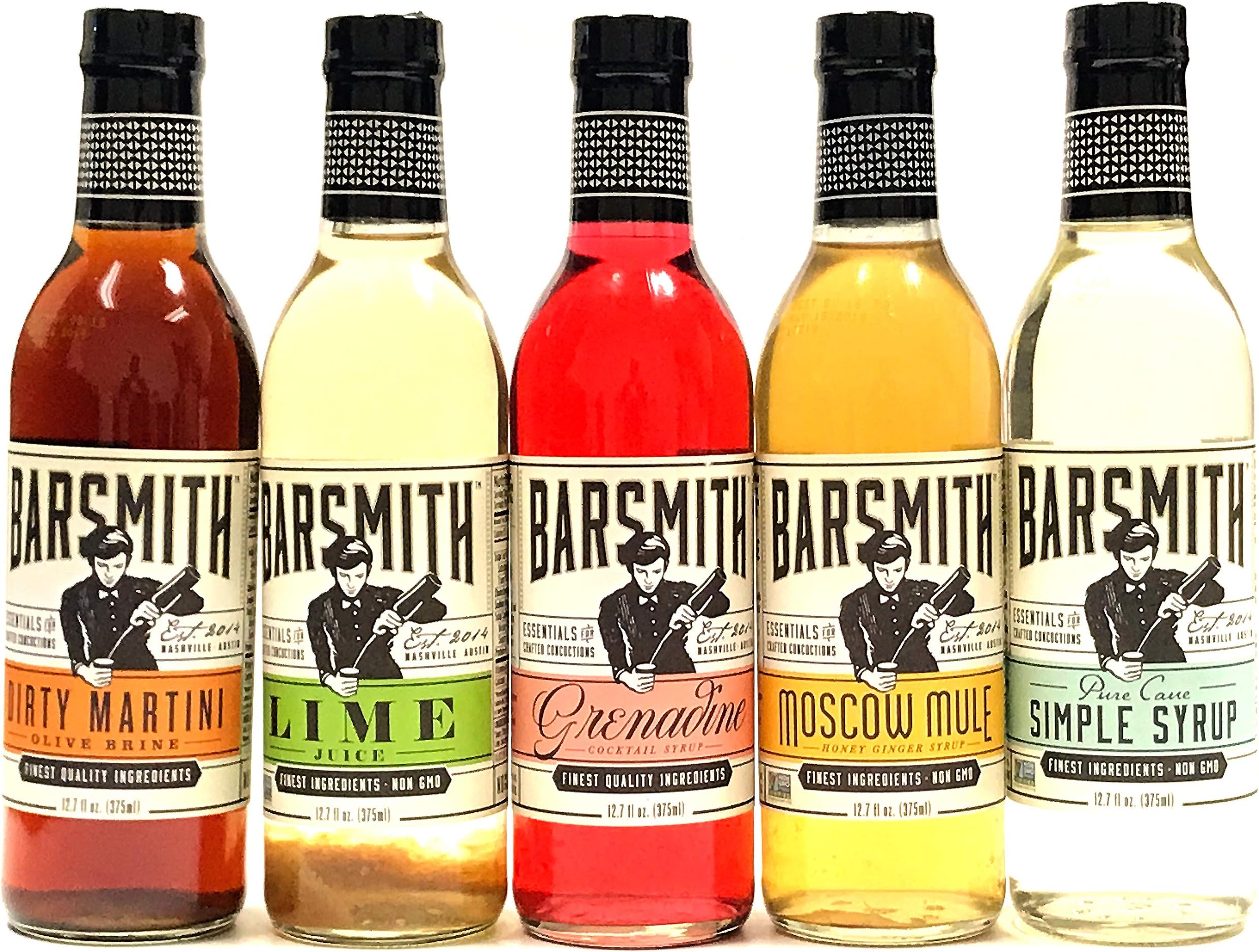 Barsmith Collection Pack Cocktail Mixers - Dirty Martini, Lime Juice, Grenadine, Moscow Mule, Simple Syrup (12.7 Fl Oz, Pack of 5)
