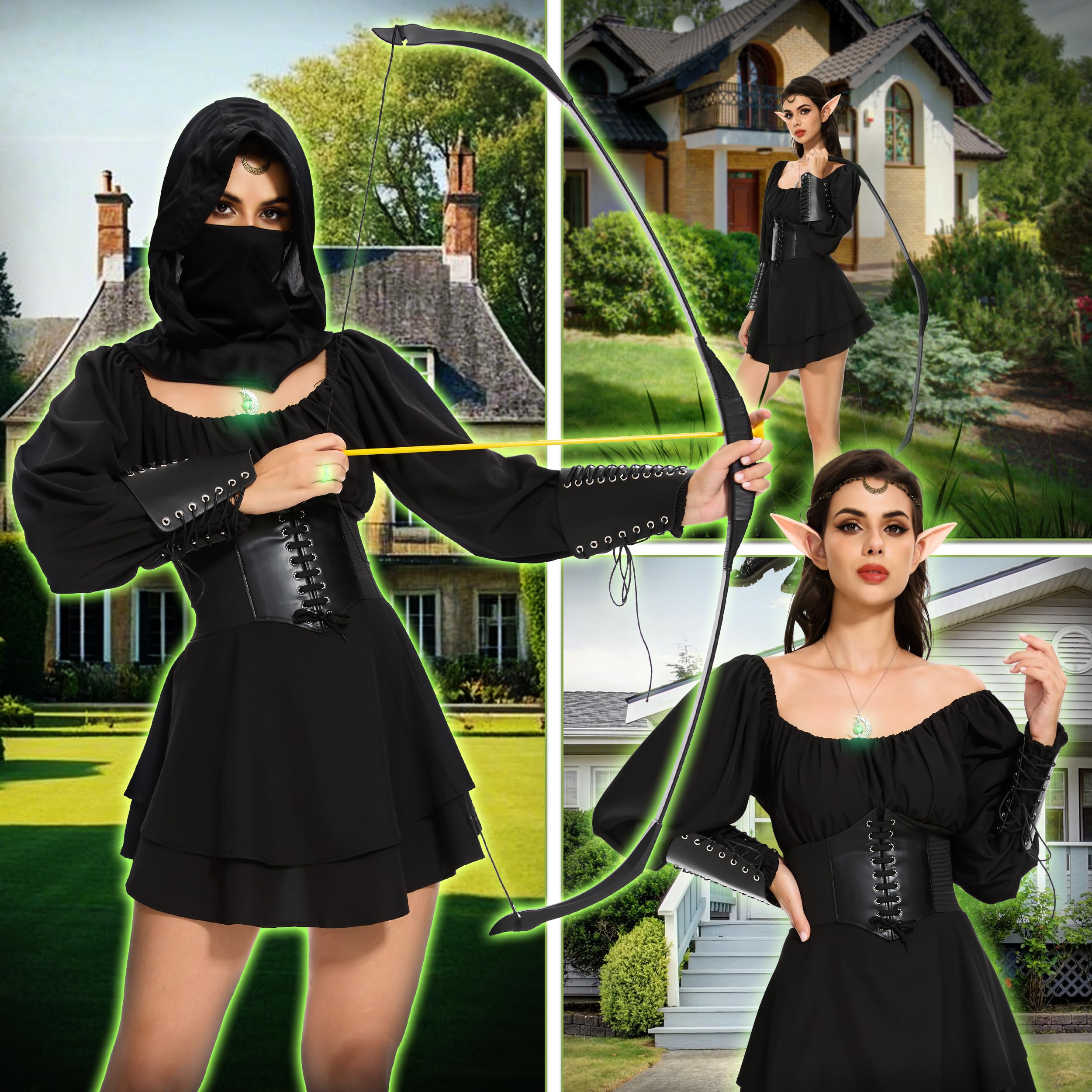 IEEILULU Vestido Medieval Mujer con Capucha, Vestido Gótico Retro Mujer, Disfraz Renacentista con Corsé, Orejas de Elfo para Carnaval Halloween Cosplay