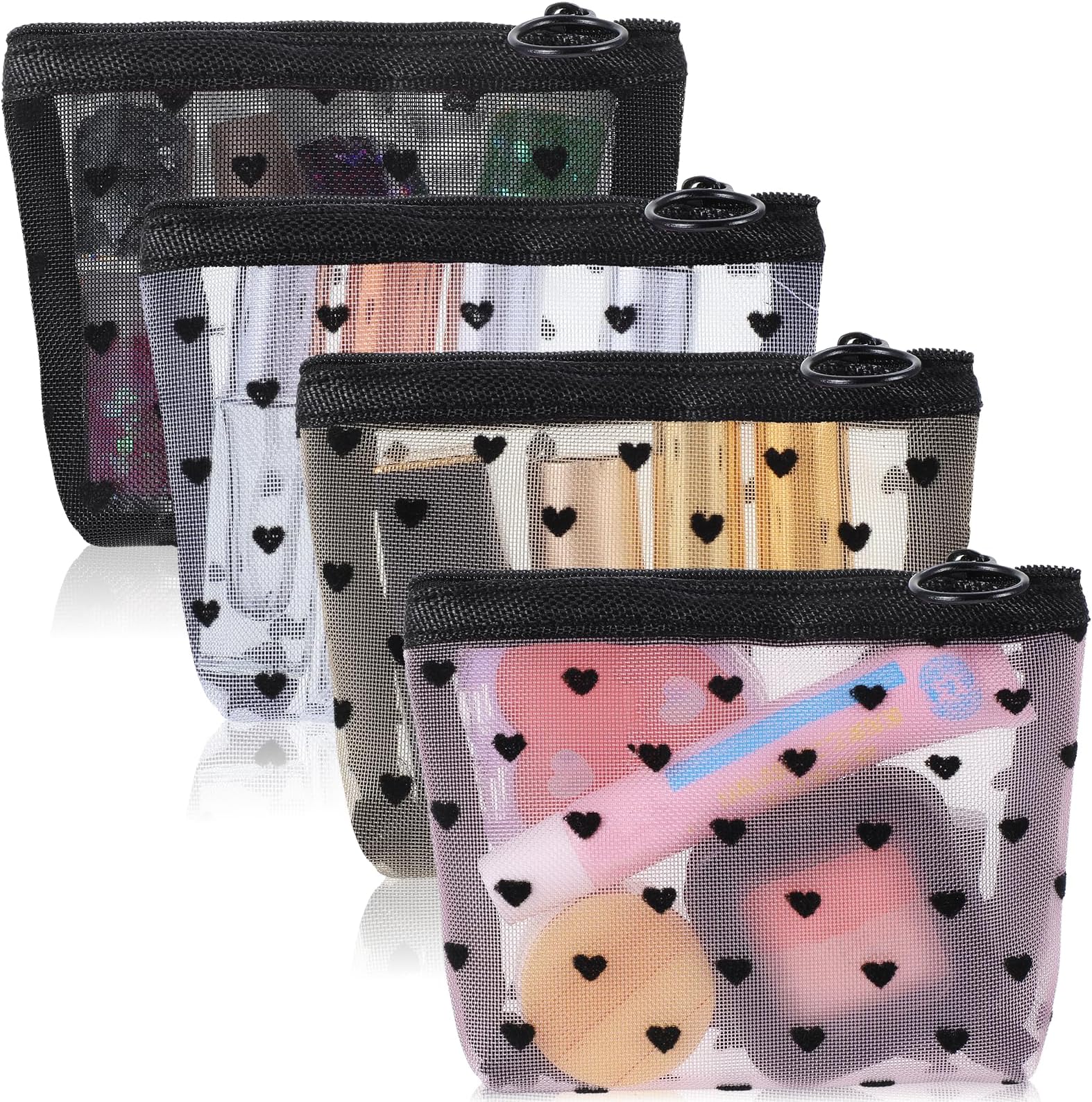 4pcs Heart Print Mini Mesh Pouch, Mini Mesh Makeup Bag With Zipper, Grid Cosmetic Bag, Small Zipper Cosmetic Bags for Travel and Storage (Pink, Beige, Black, White)