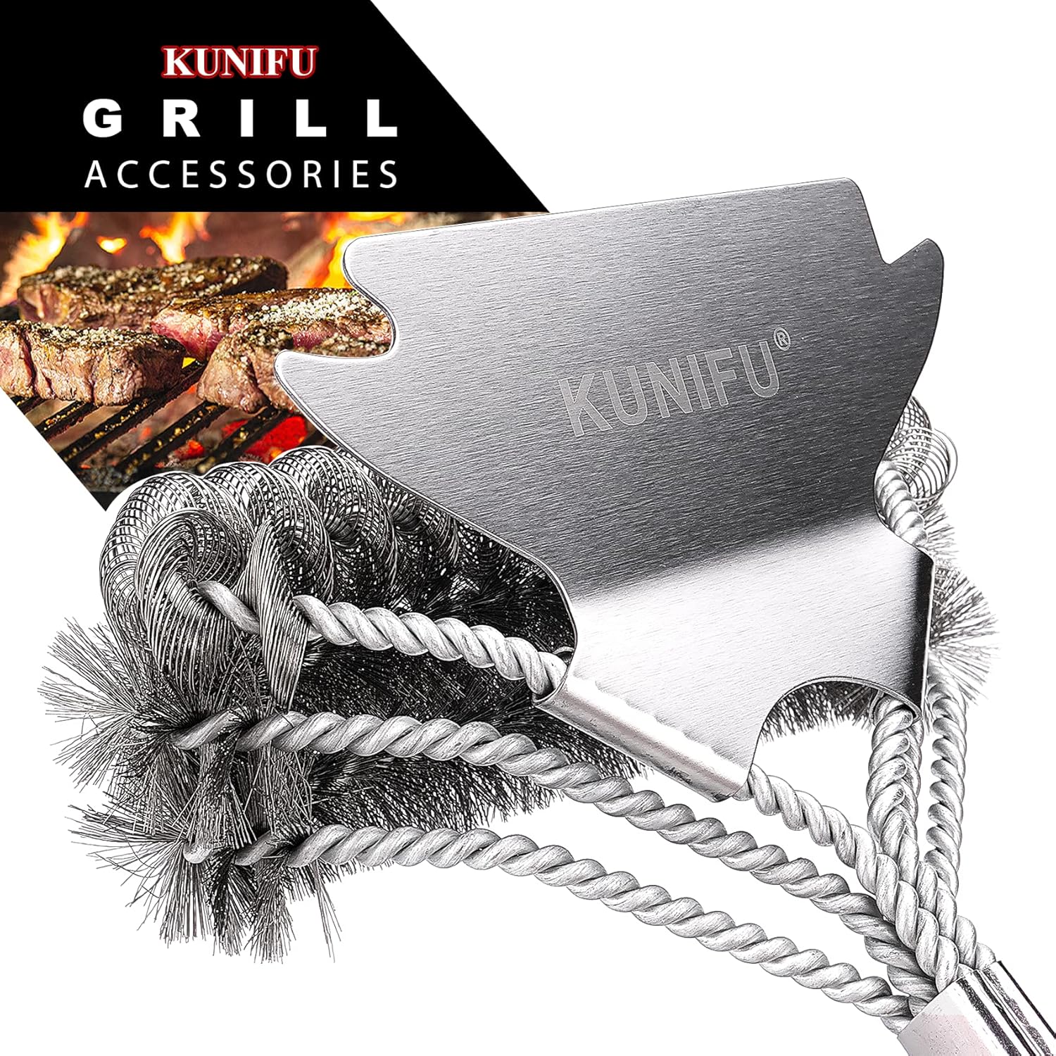 KUNIFU 3 in 1 Grill Brushes and Scrapers, Bristle Free and