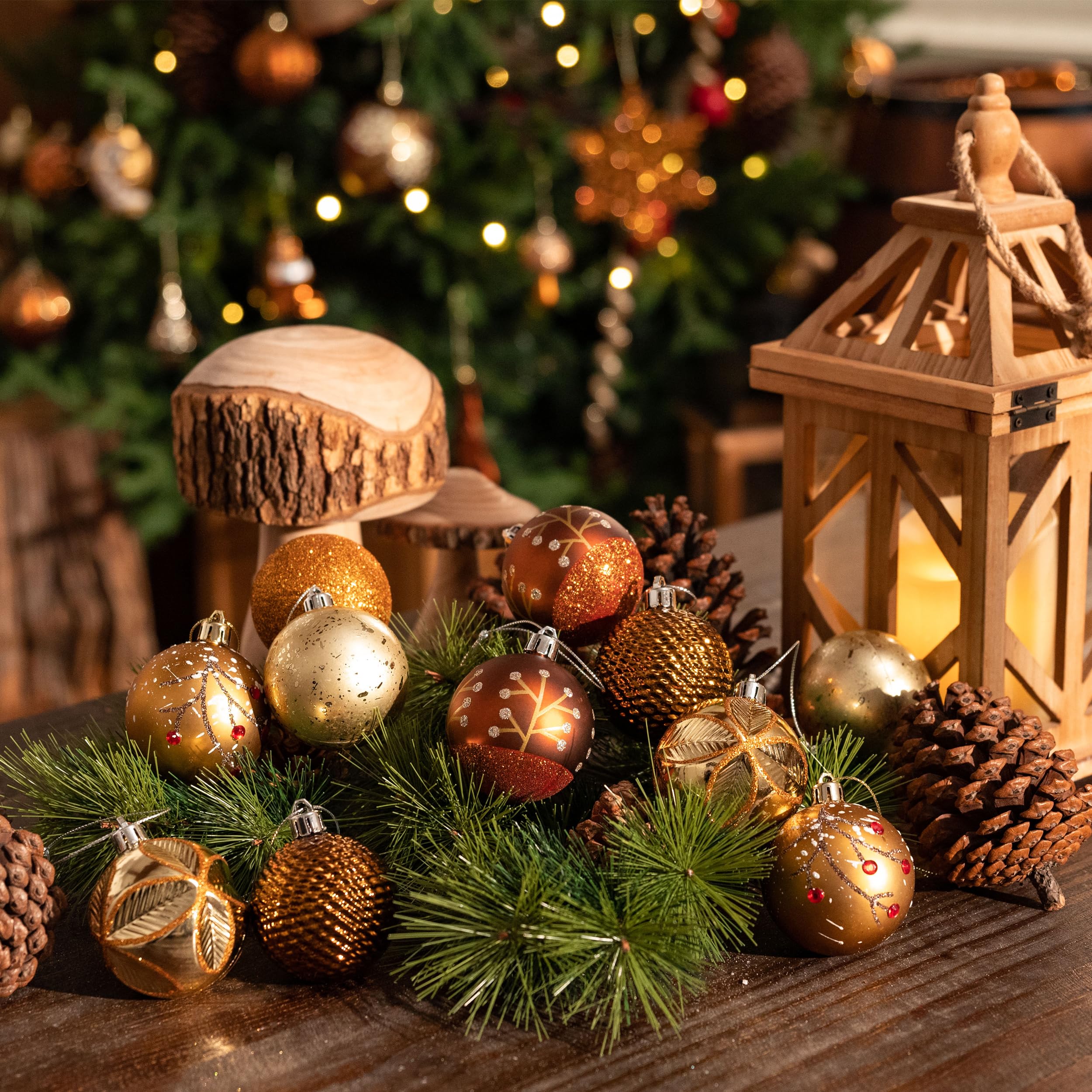 Valery Madelyn Lot de 30 décorations de sapin de Noël incassables en bronze, cuivre et or, 6 cm, marron forêt à suspendre pour décoration de Noël
