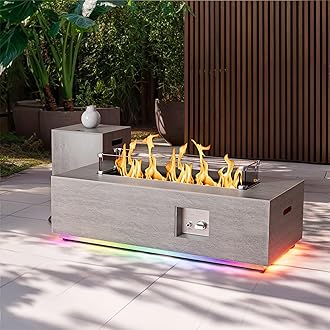 42" Propane Fire Pit Table with RGB LED Light 50,000 BTU Outdoor Patio Firepit Includes Wind Guard, Lid, Rocks & Cover - Back Yard Fire Pit - Chimenea de Gas (Gray/RGB Light, 42" LED)