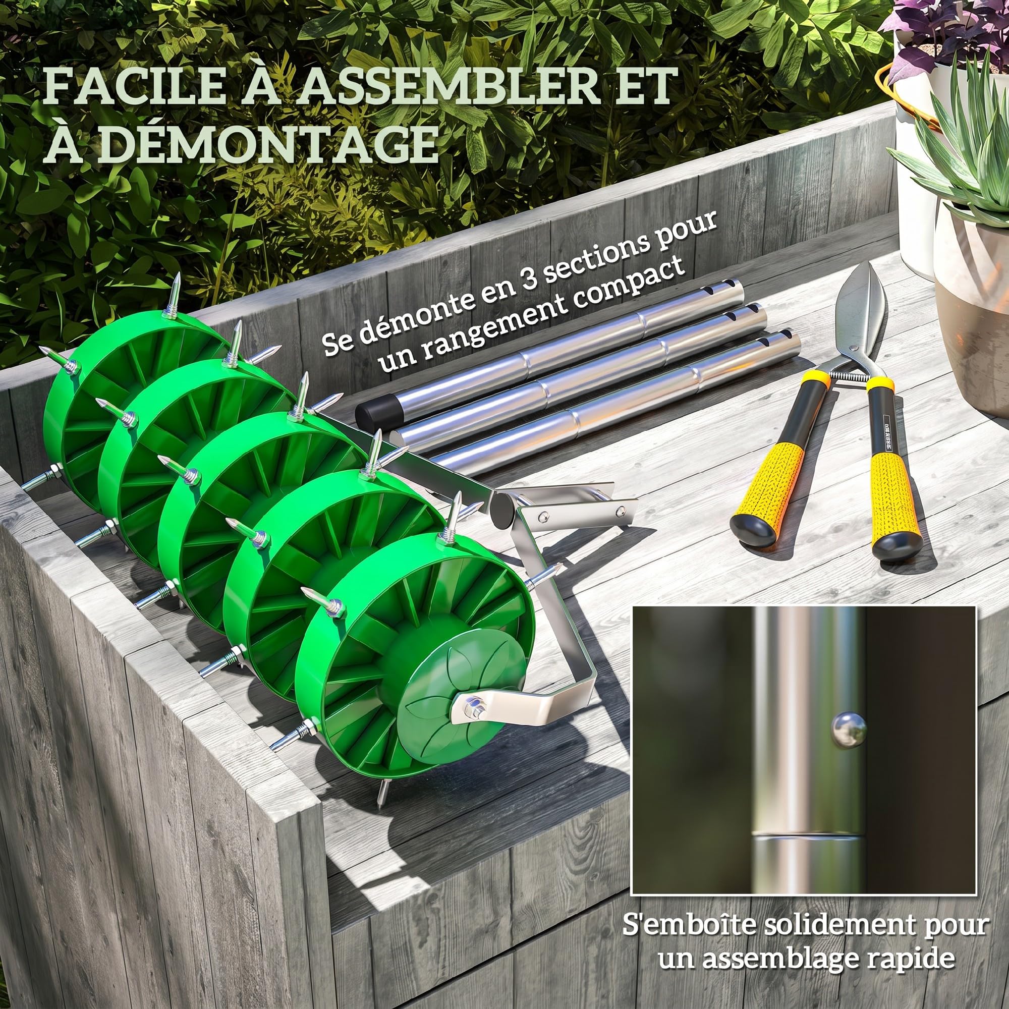 Outsunny Rouleau Aérateur de Pelouse Manuel 45 x 21 x 140 cm Vert Foncé