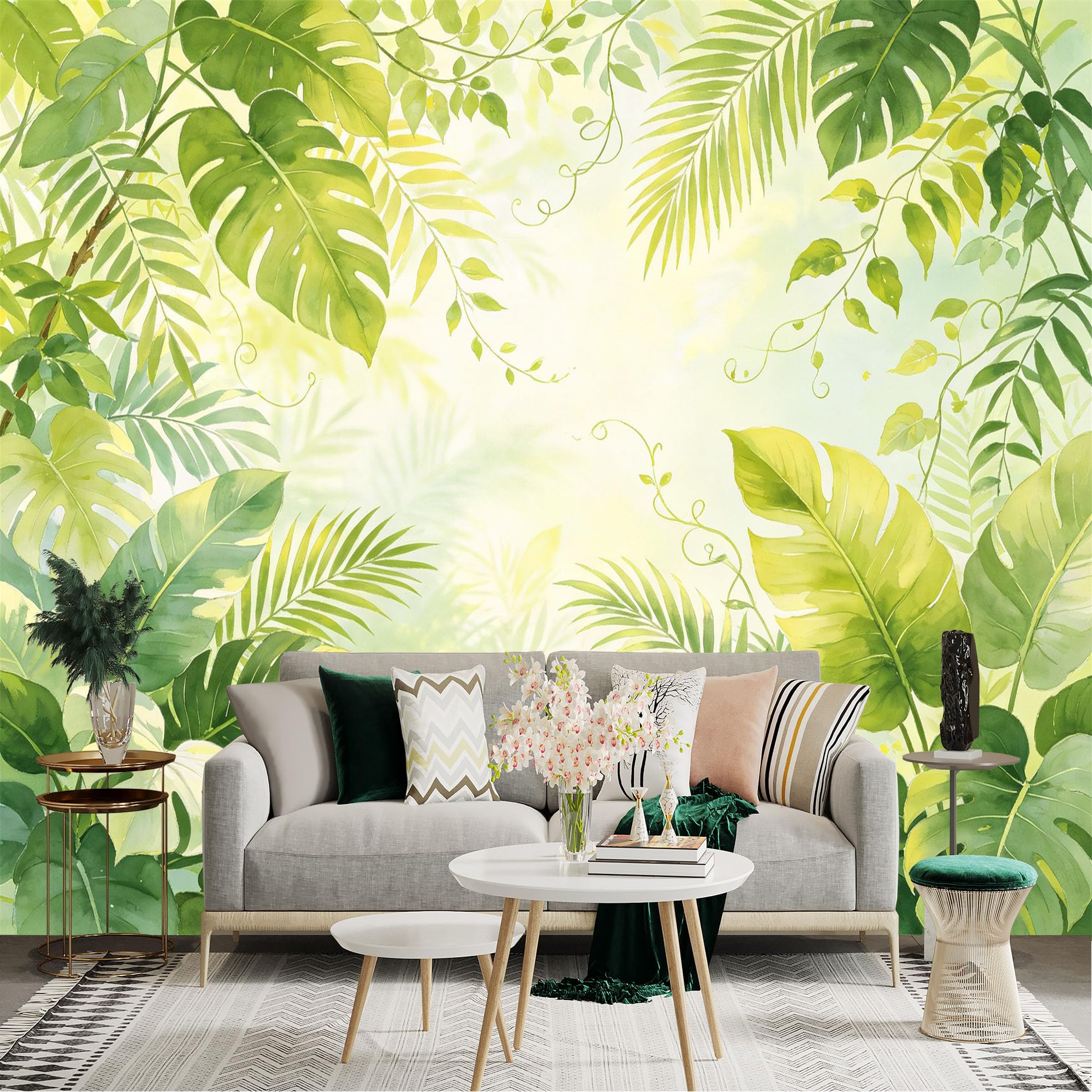 Lnzczhyre Dbh260521100 Custom Size Wall Sticker Mural， Watercolor Tropical Leaves， Lush Jungle Foliage， Green Botanical Plants， For Wall Decoration， Peelandstick Wall Decals.