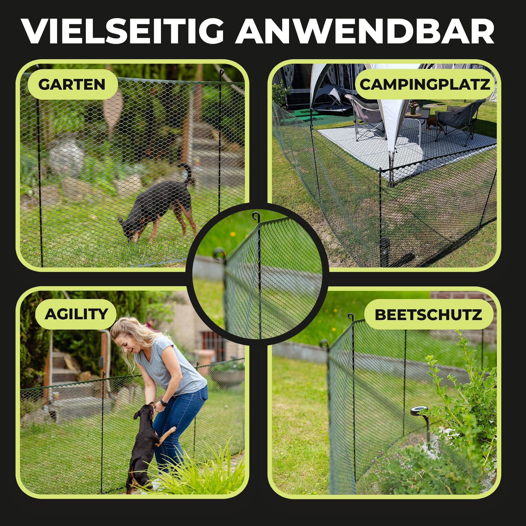 Hundezaun 25m lang 90cm hoch SCHWARZ [TESTSIEGER] inkl. 21x Stäbe & 25x Erdanker | Begrenzungszaun Robust & Mobil | Flexibler Zaun für Hunde | Sorgloser Hundeauslauf im Garten & Camping