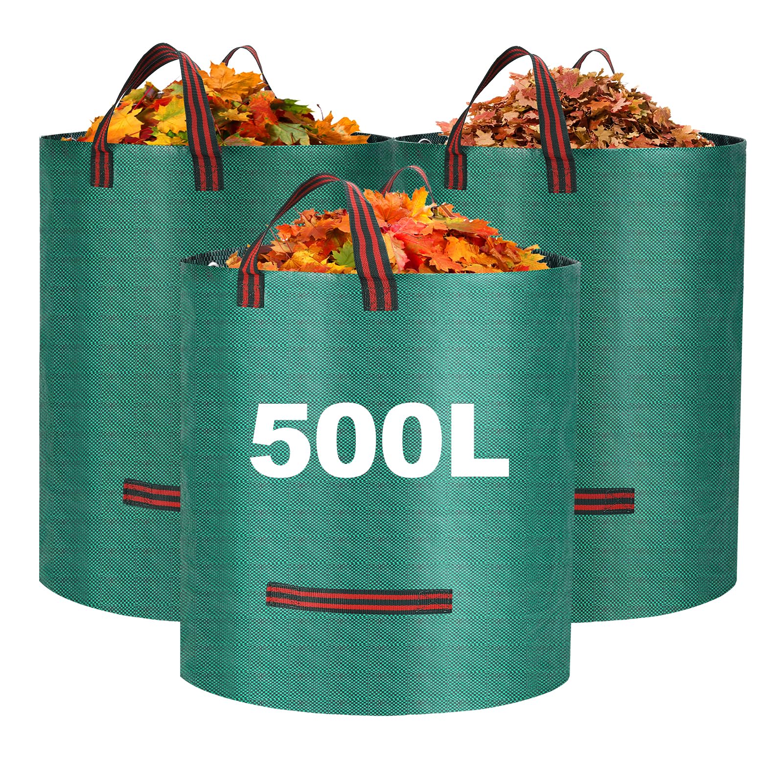 Leuoso Green Reusable 500L Heavy Duty Garden Waste Bags - 3 Pack With Handles, Waterproof Sacks For Plants, Grass And Leaves