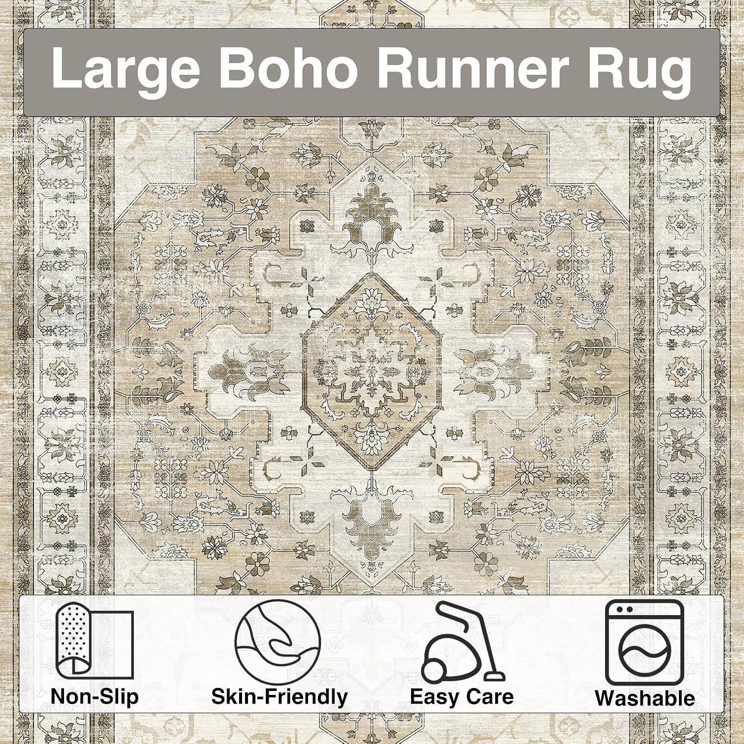 Vintage Boho Runner Rug for Hallways: 2.5x10 Non-Slip Washable Faux Cashmere Low-Pile Runner Rugs for Kitchen Bedroom Yellow