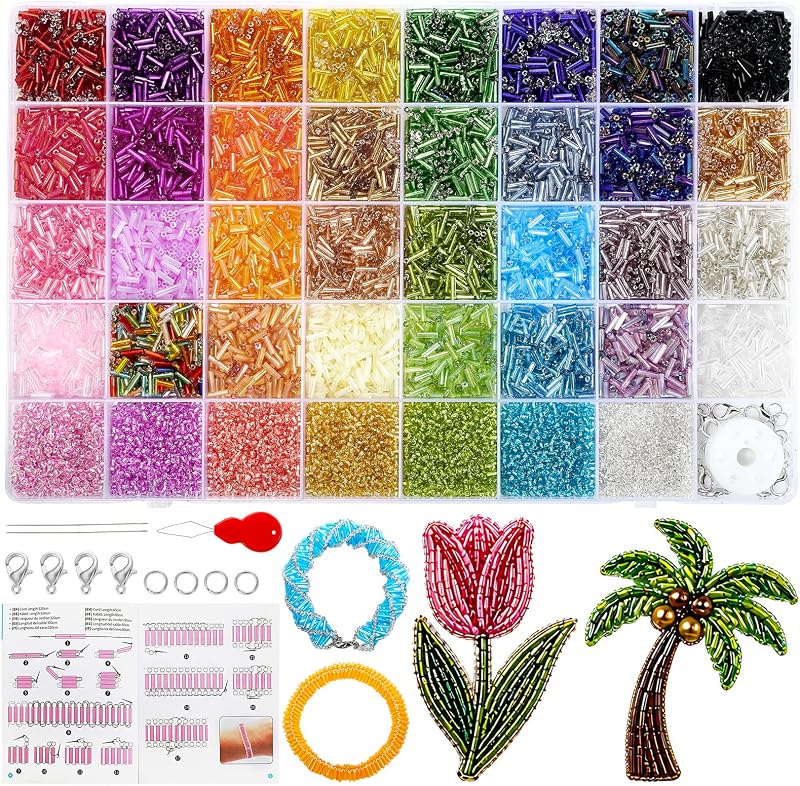 Kit de cuentas de semilla de tubo de vidrio bordado de 10500 piezas, cuentas de 39 colores para manualidades | Kit de cuentas de cristal de 7mm y cuentas de semilla de 2mm con Manual para hacer joyas, pulseras, collares, manualidades, cuentas pequeñas