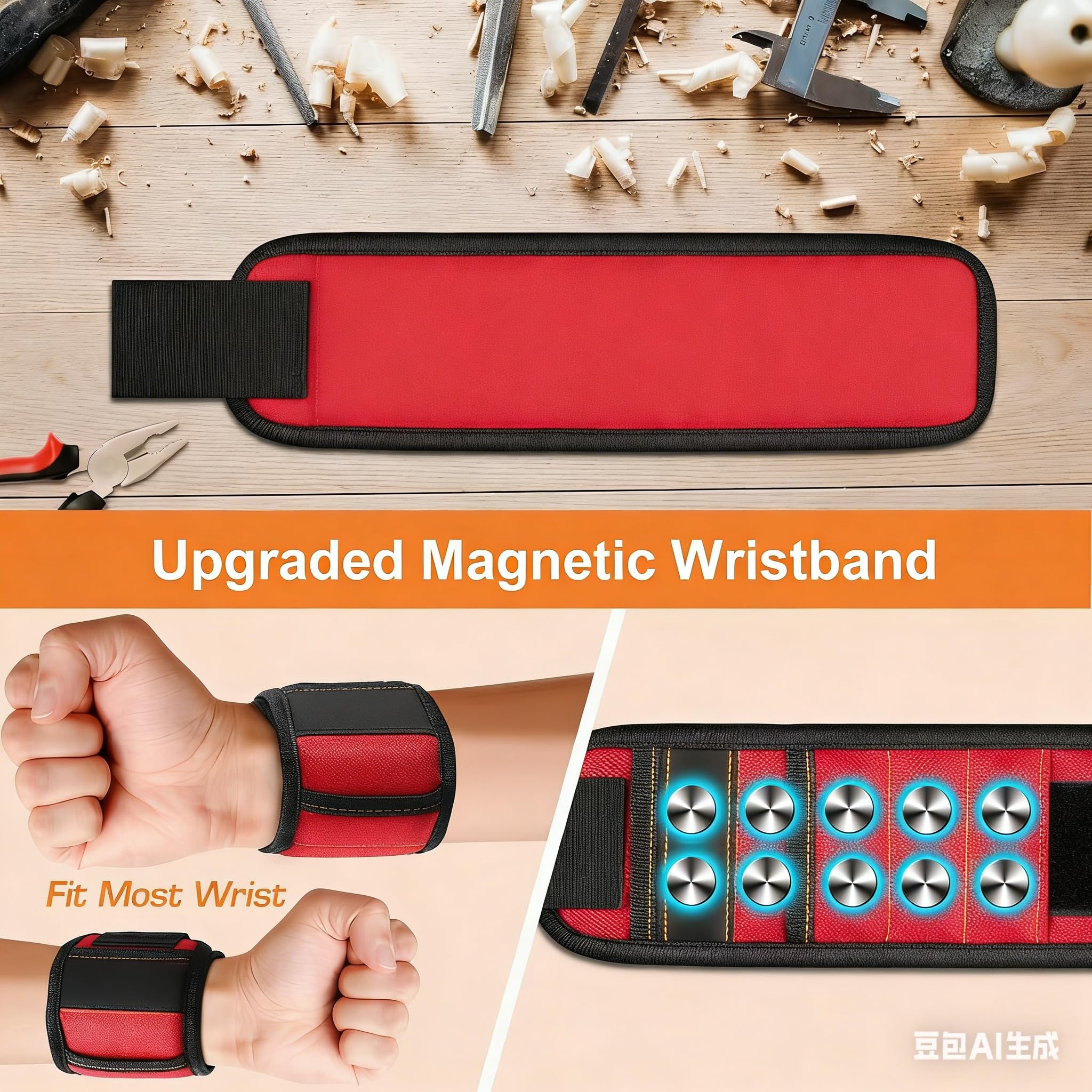 Magnetic Tool Wristband, Adjustable Wrist Band with Strong Magnets for Holding Screws, Nails, Bolts, Drill Bits, Black — Amazon image 3