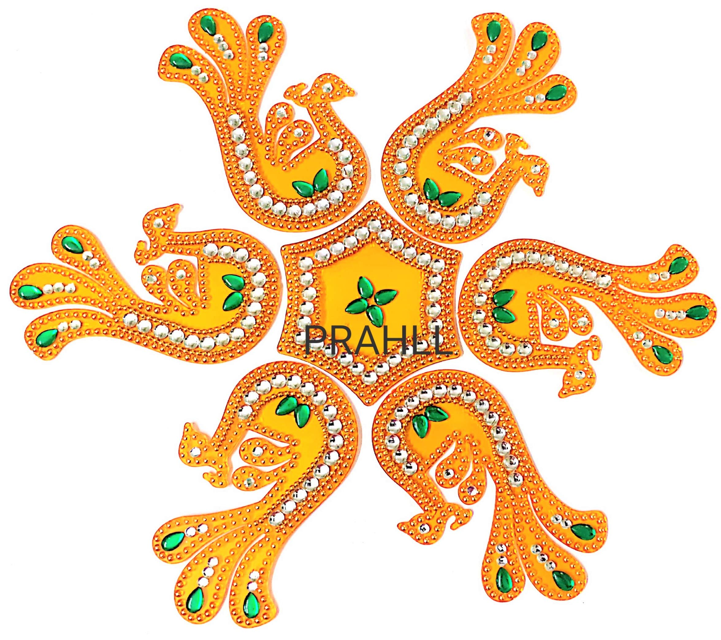 PRAHLL Peacock Shape Reusable Designer Acrylic Rangoli (Orange, 9-inch Diameter) - 7 Pieces